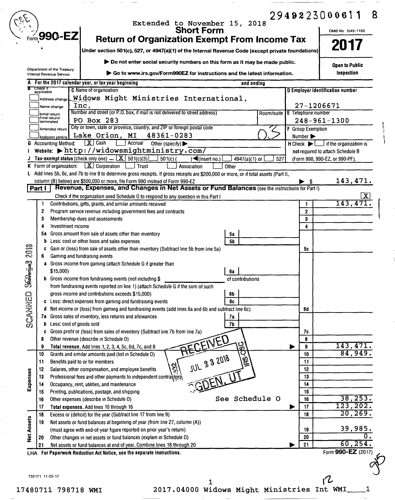 Image of first page of 2017 Form 990EZ for Widows Might Ministries International