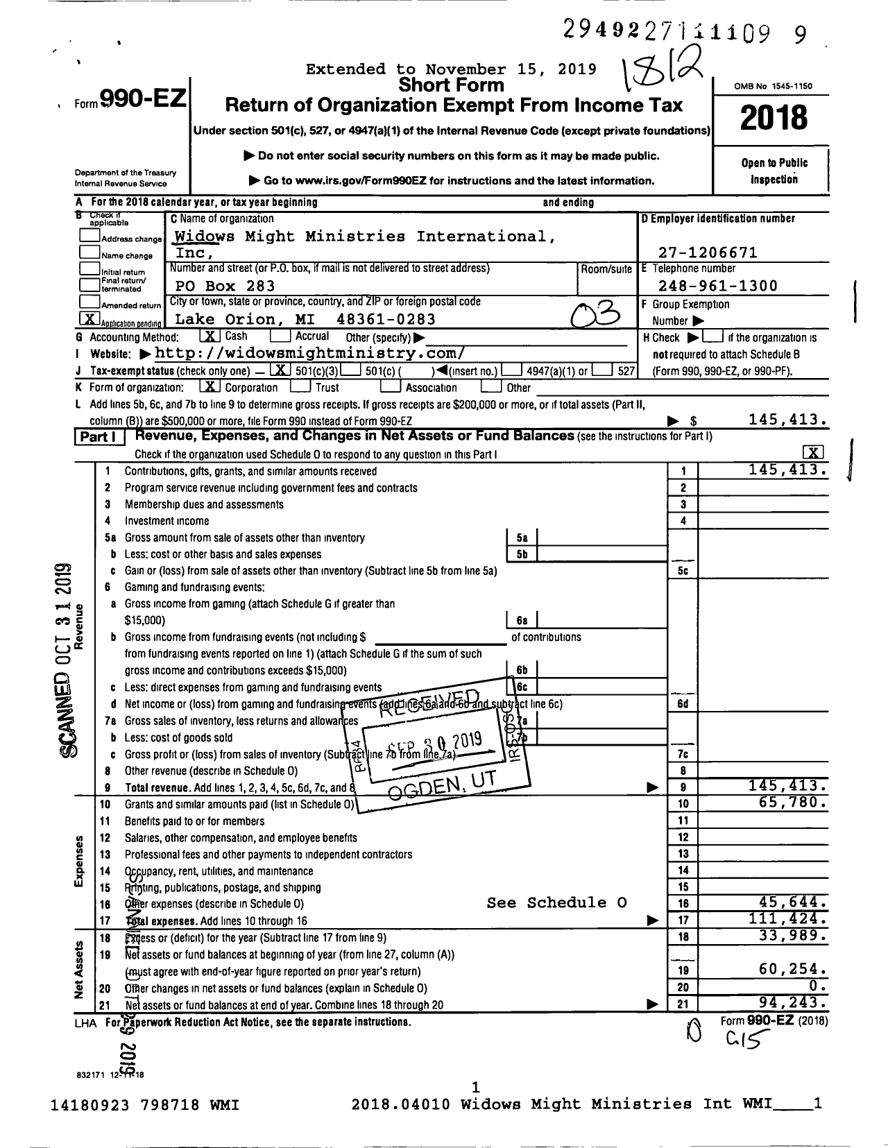 Image of first page of 2018 Form 990EZ for Widows Might Ministries International