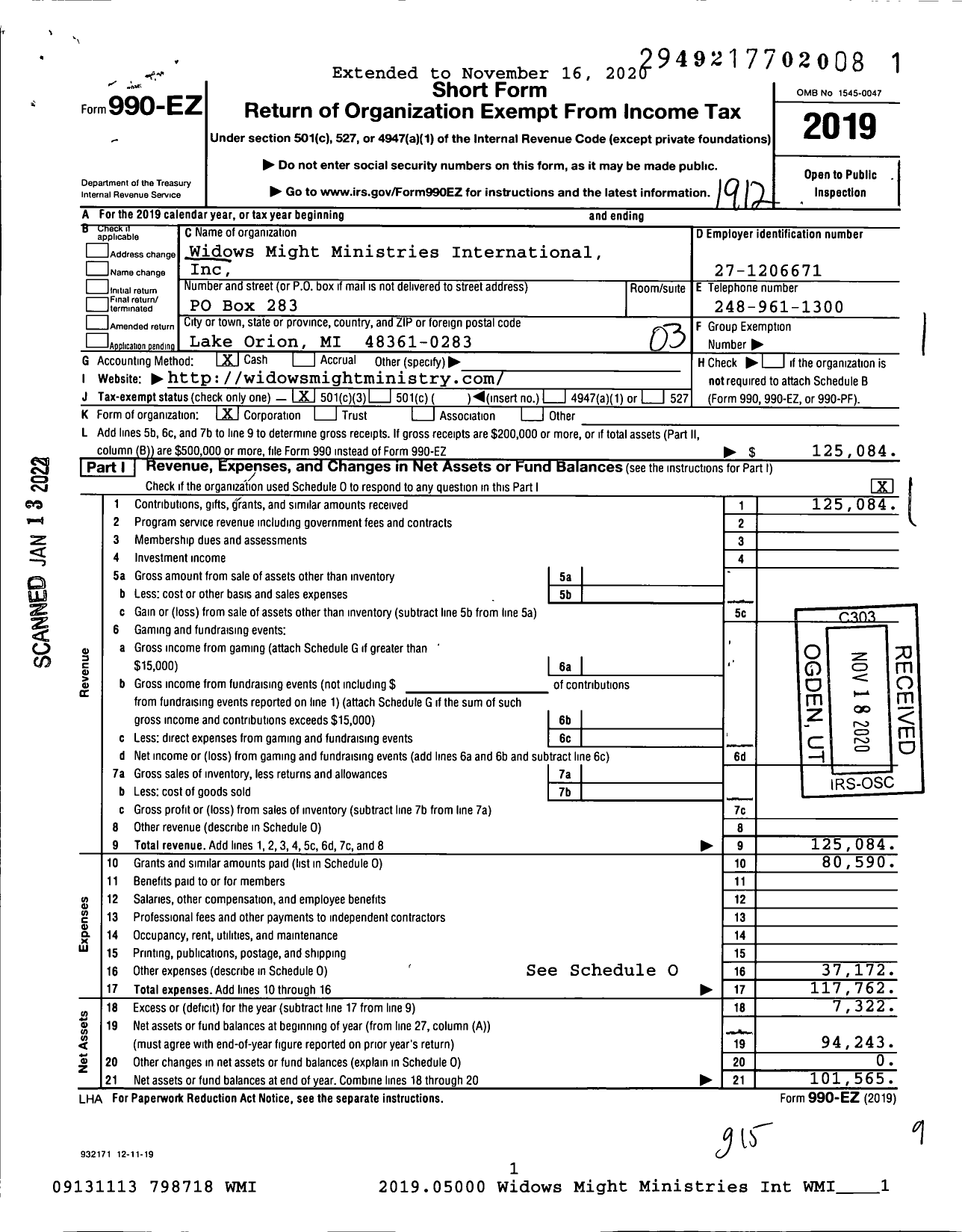 Image of first page of 2019 Form 990EZ for Widows Might Ministries International