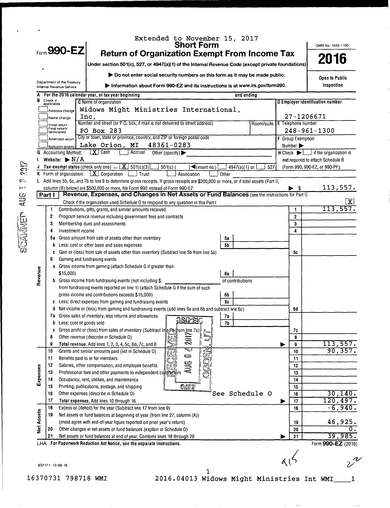 Image of first page of 2016 Form 990EZ for Widows Might Ministries International