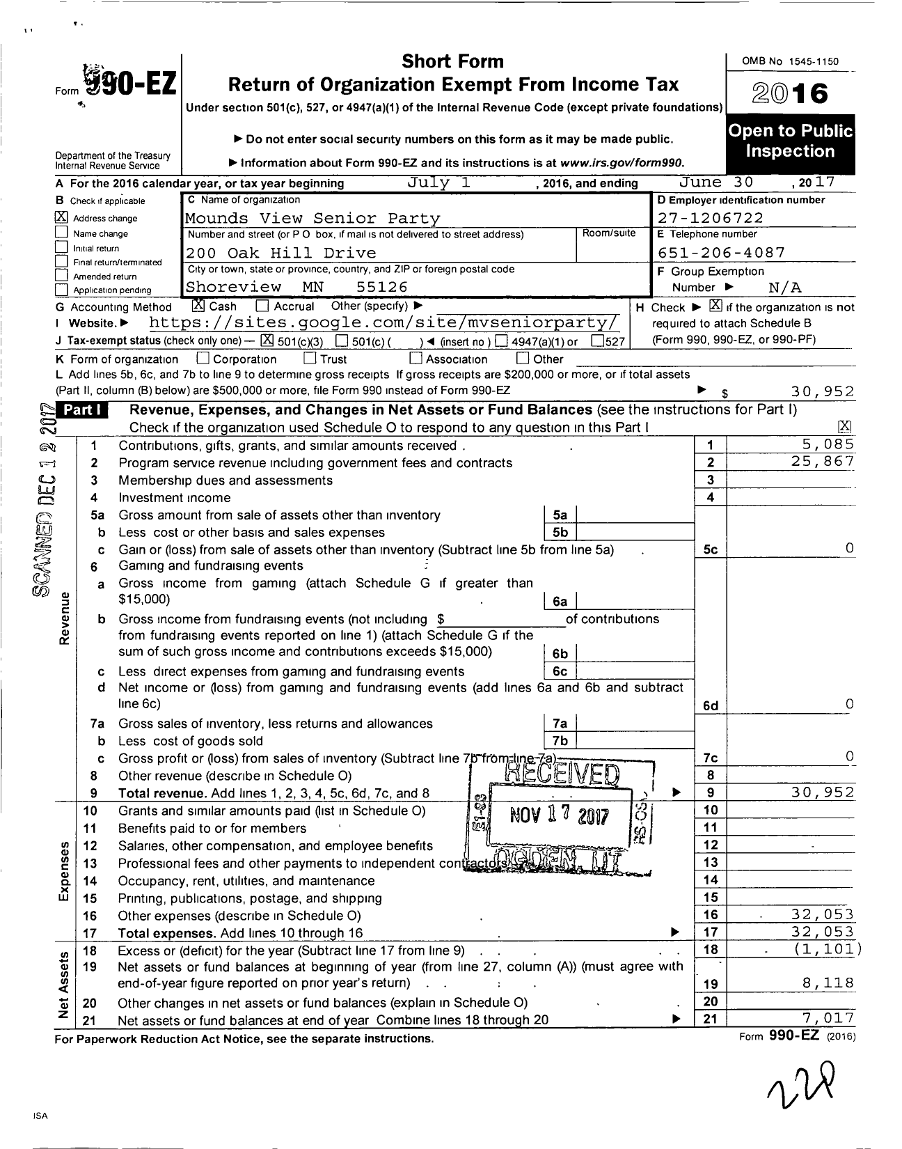 Image of first page of 2016 Form 990EZ for Mounds View Senior Party