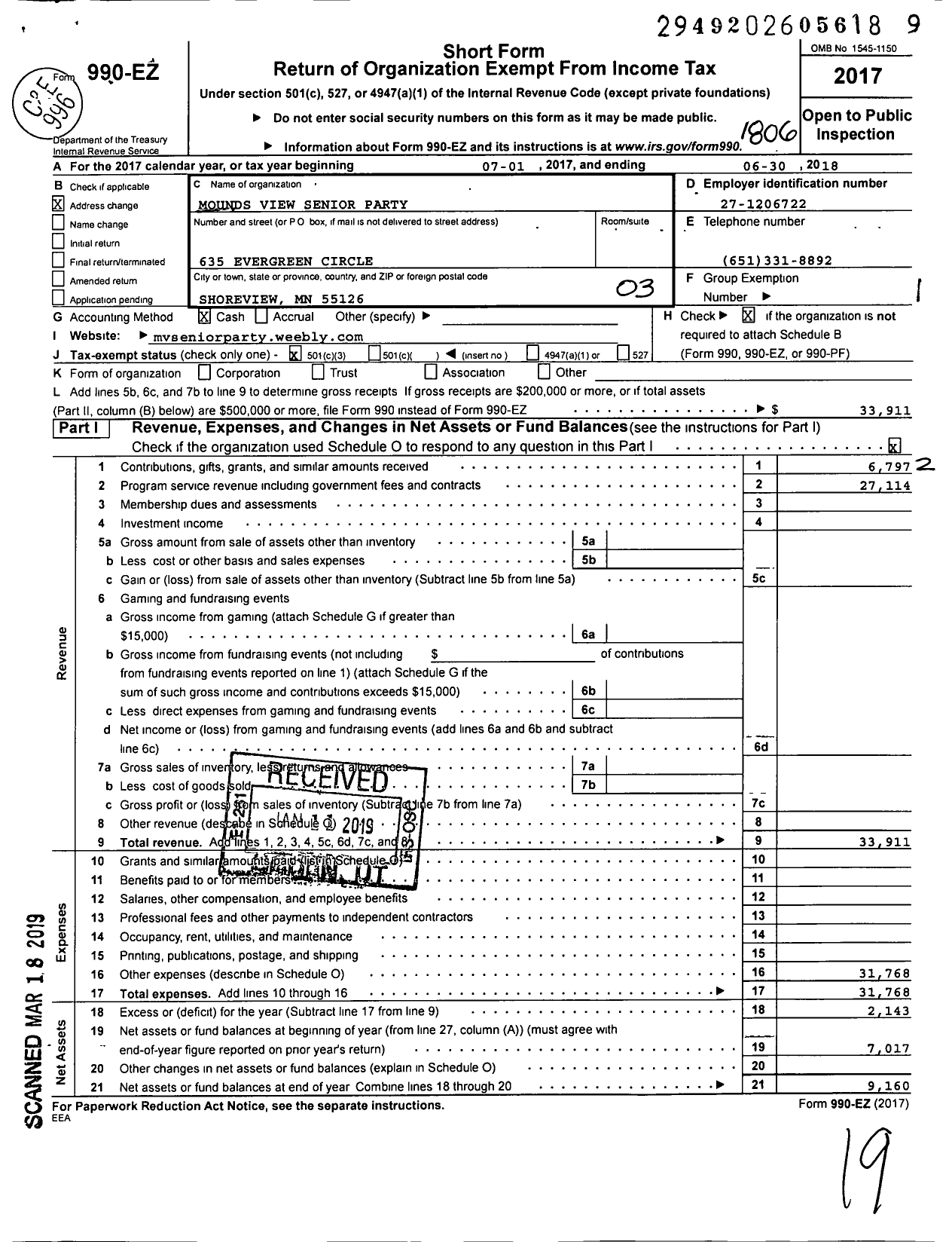 Image of first page of 2017 Form 990EZ for Mounds View Senior Party