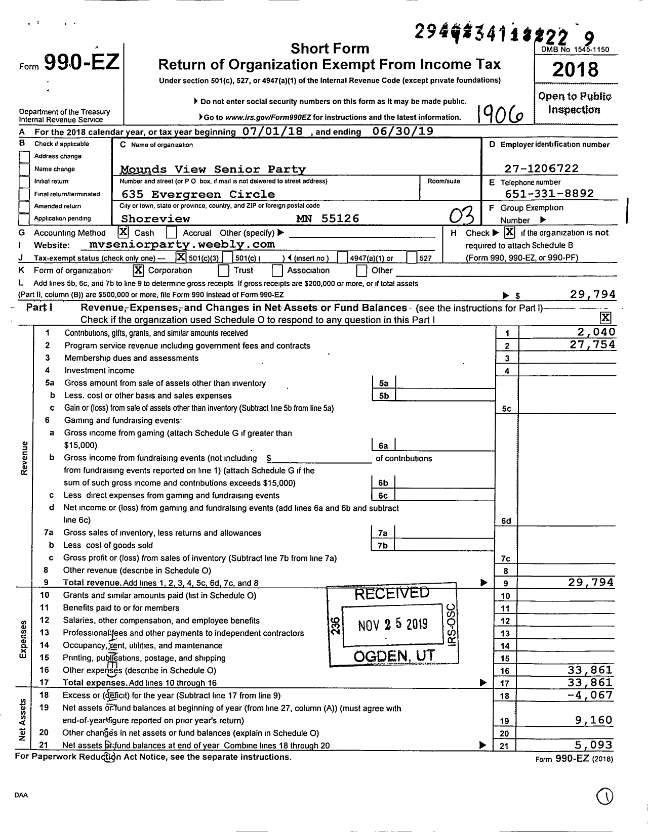 Image of first page of 2018 Form 990EZ for Mounds View Senior Party