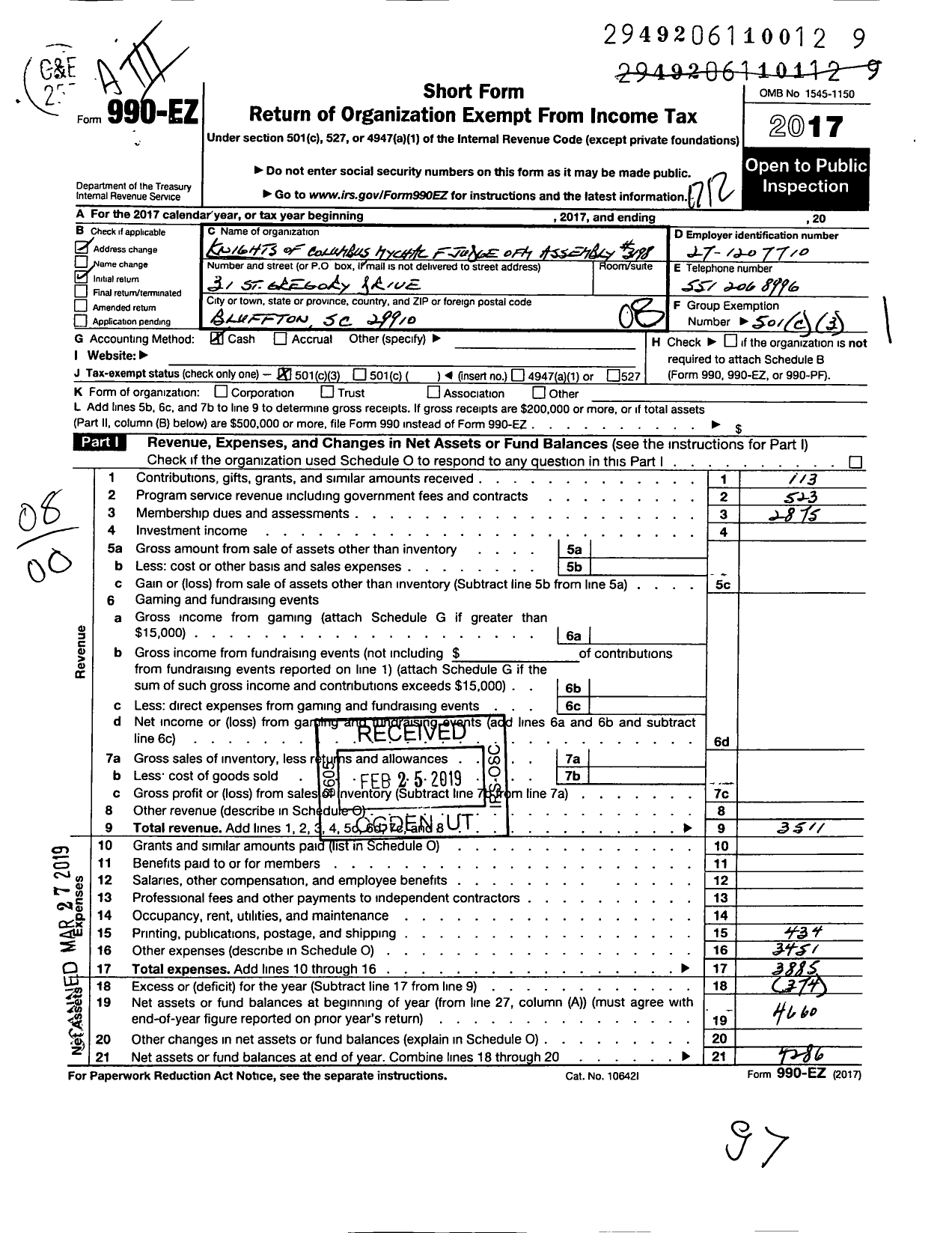 Image of first page of 2017 Form 990EO for Knights of Columbus - 3198 FR Michael F Judge Ofm Assembl