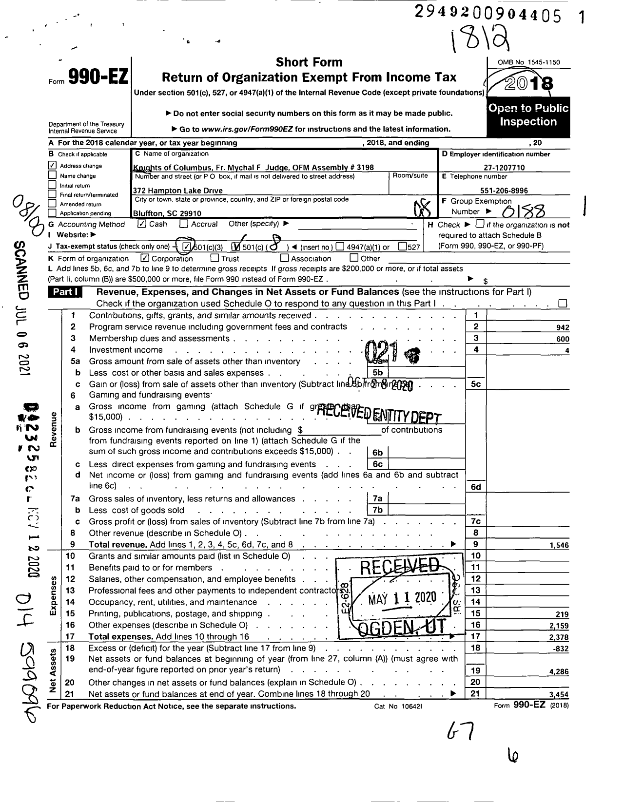 Image of first page of 2018 Form 990EO for Knights of Columbus - 3198 FR Michael F Judge Ofm Assembl