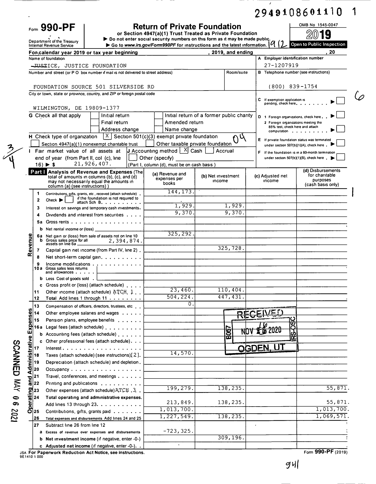 Image of first page of 2019 Form 990PF for Justice Justice Foundation