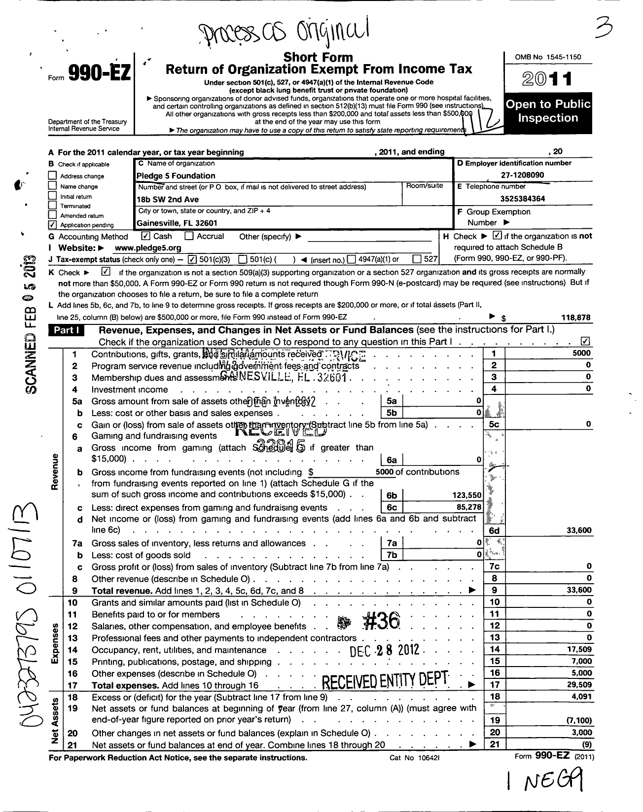 Image of first page of 2011 Form 990EZ for Pledge 5 Foundation