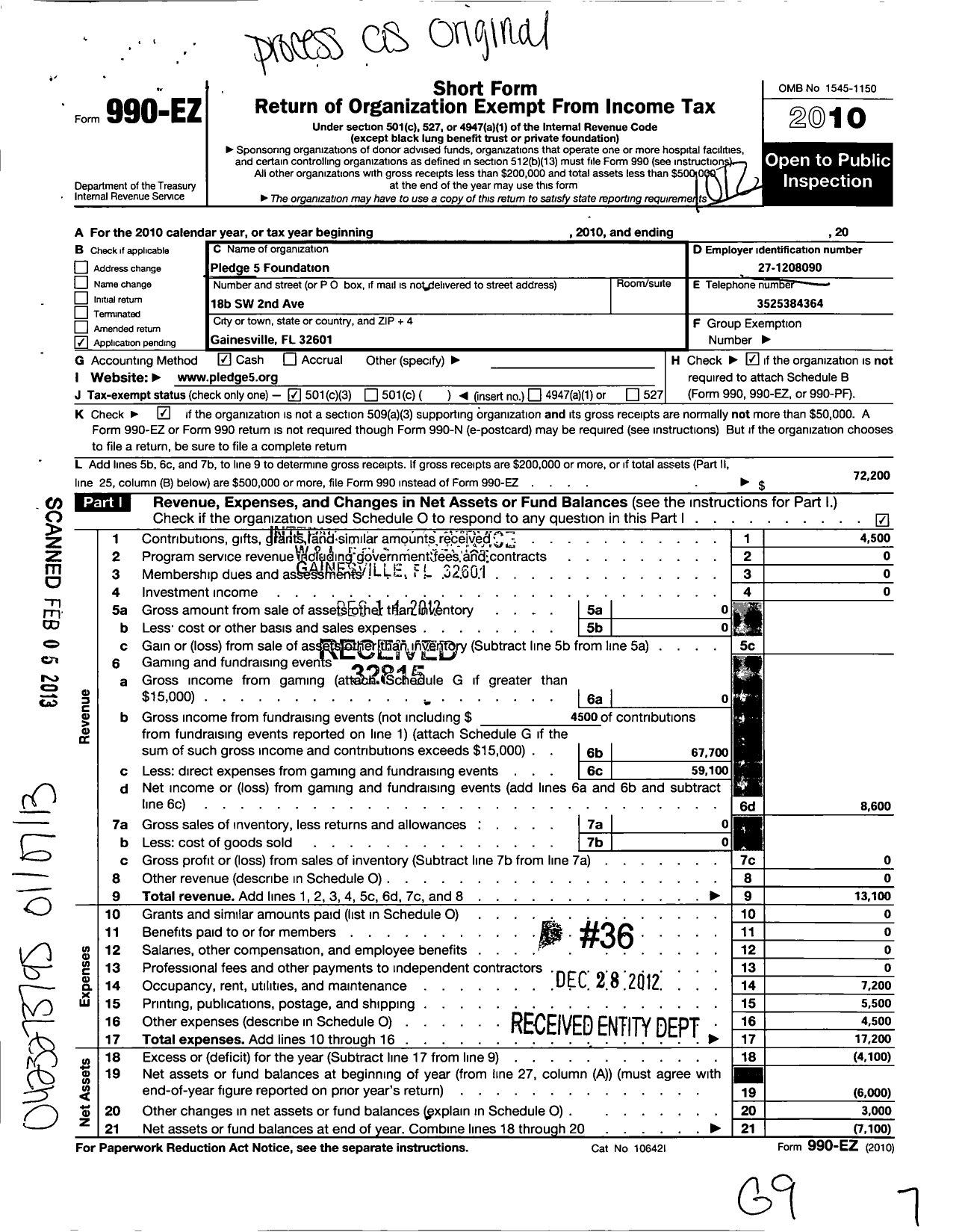 Image of first page of 2010 Form 990EZ for Pledge 5 Foundation