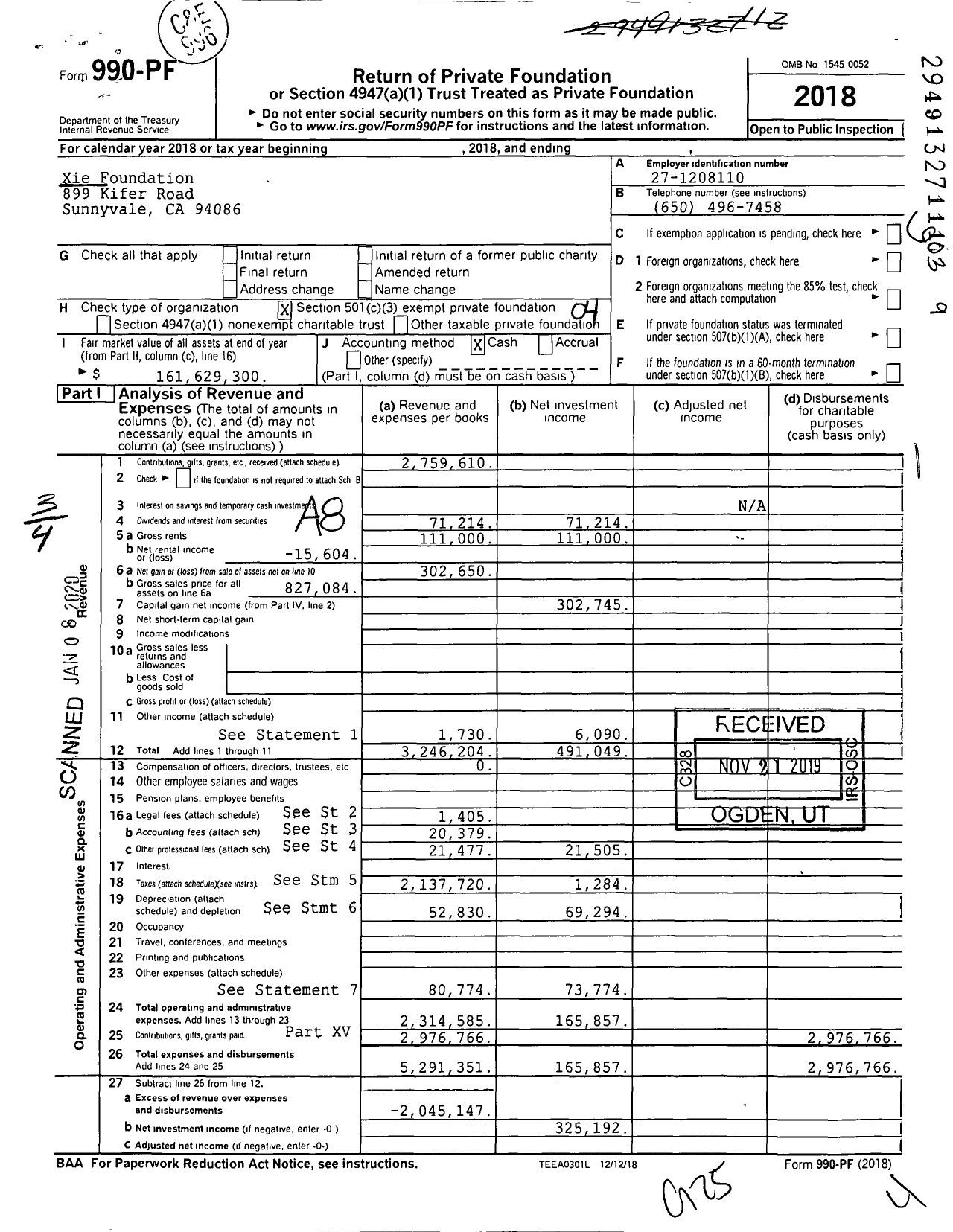 Image of first page of 2018 Form 990PF for Xie Foundation