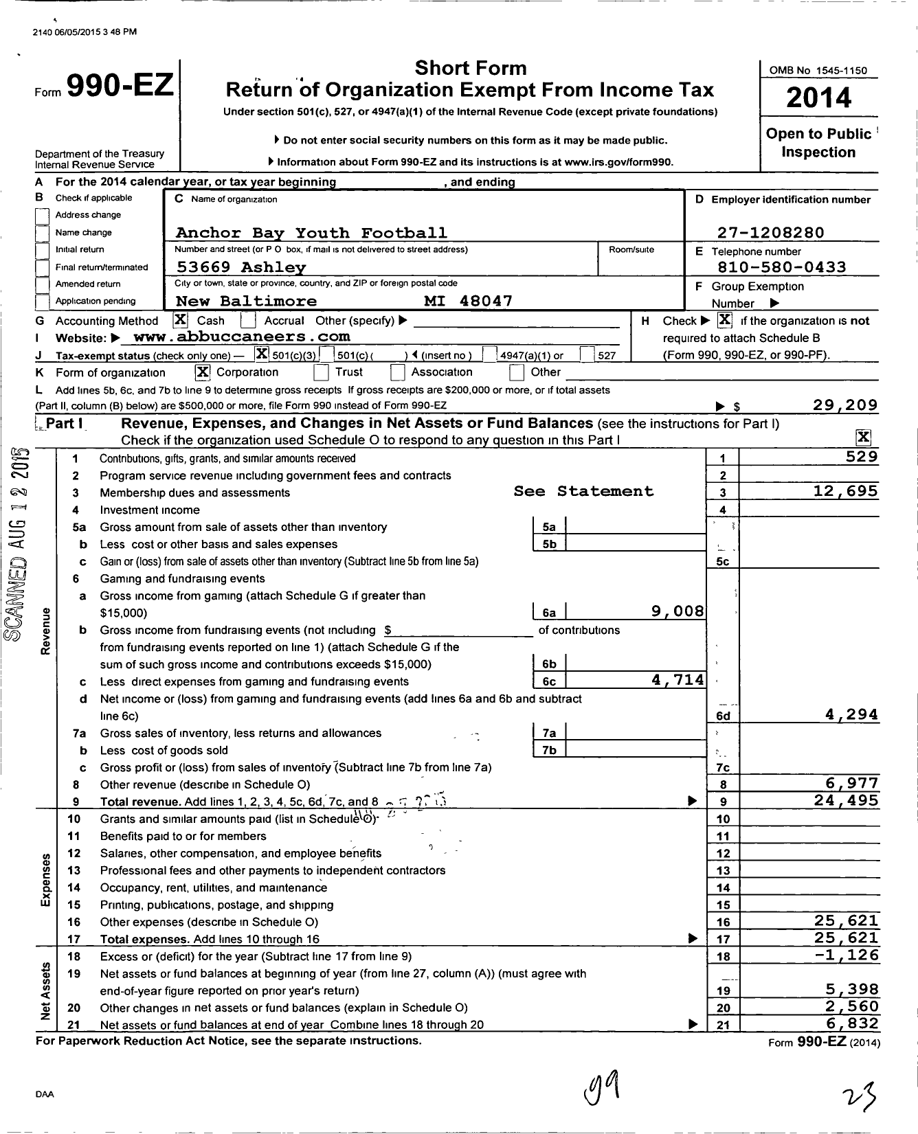 Image of first page of 2014 Form 990EZ for Anchor Bay Youth Football