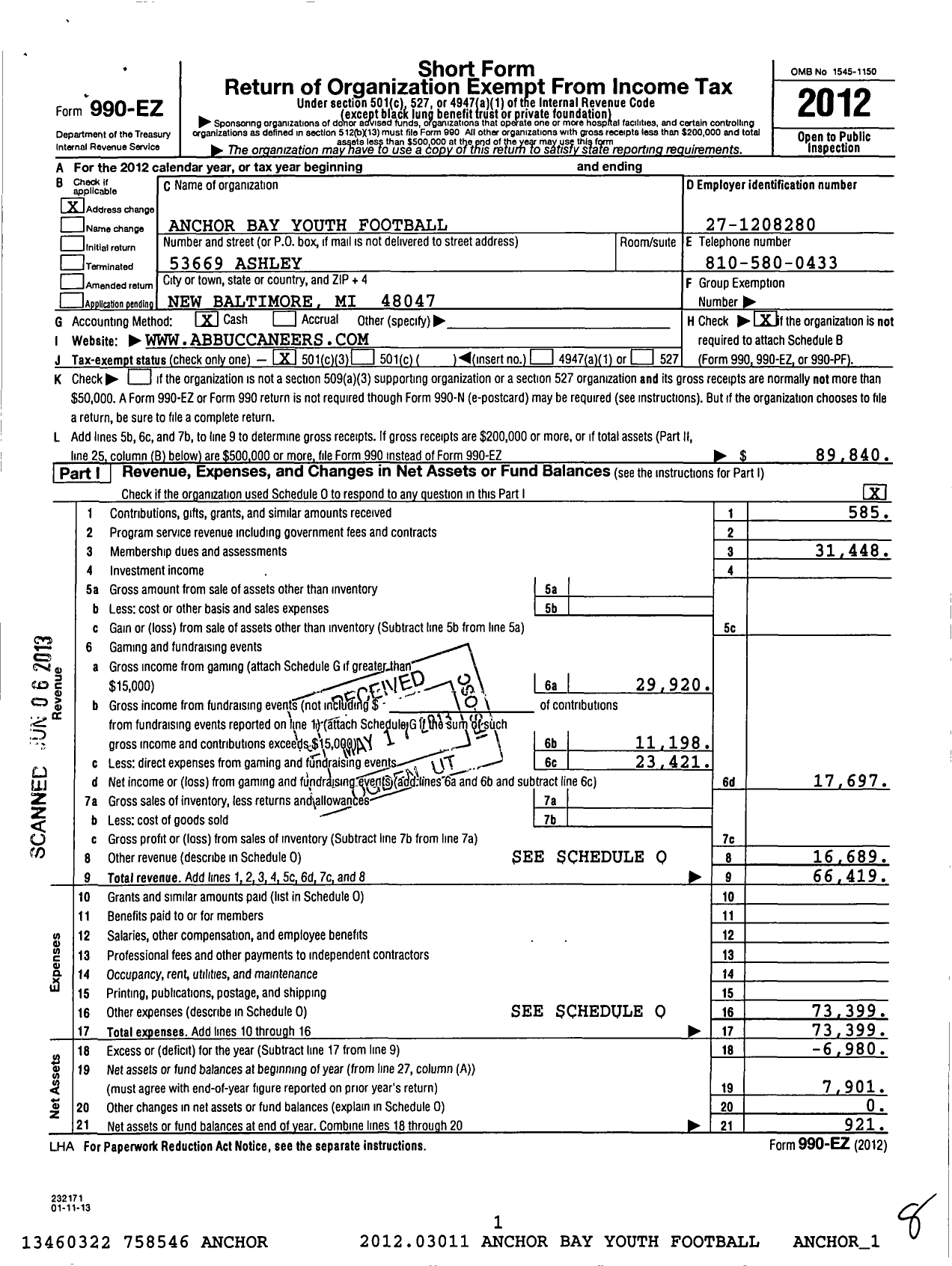 Image of first page of 2012 Form 990EZ for Anchor Bay Youth Football