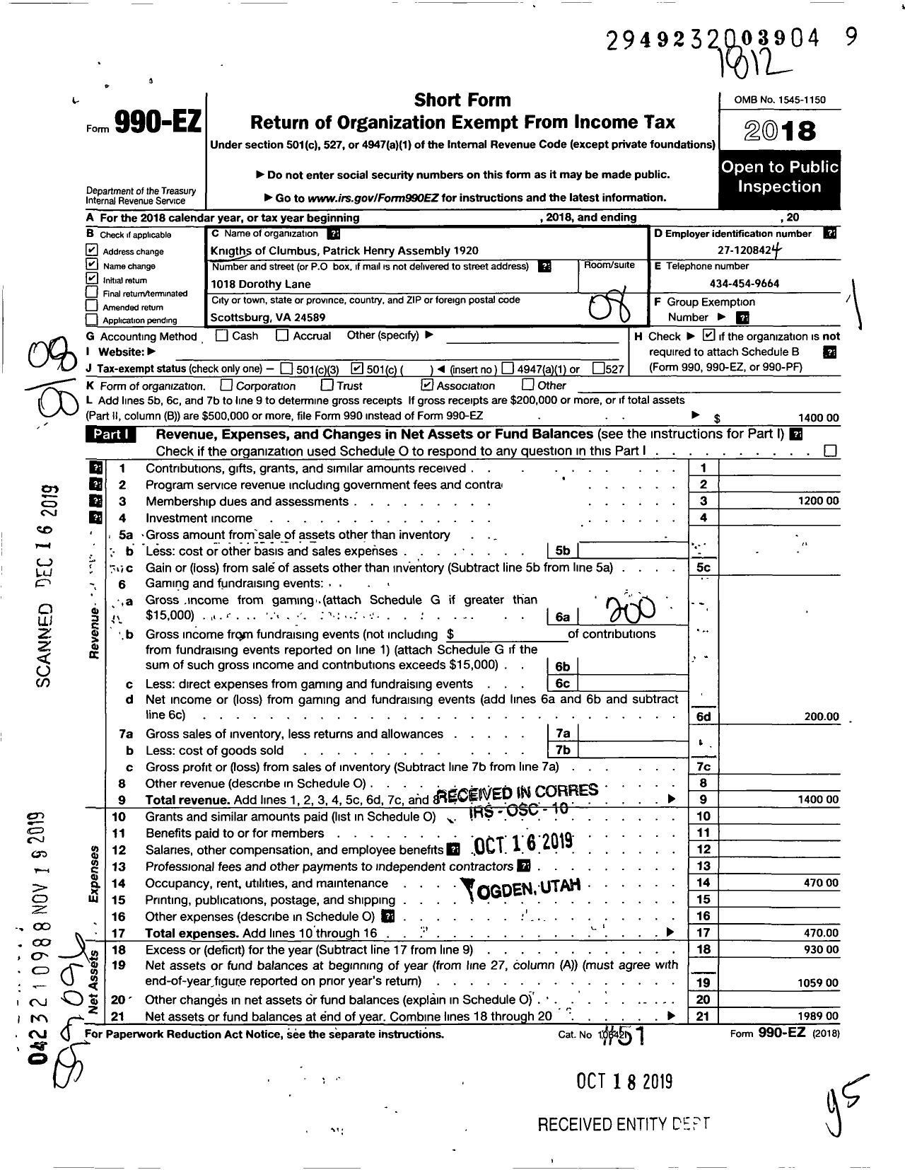 Image of first page of 2018 Form 990EO for Knights of Columbus - 1920 Patrick Henry Assembly