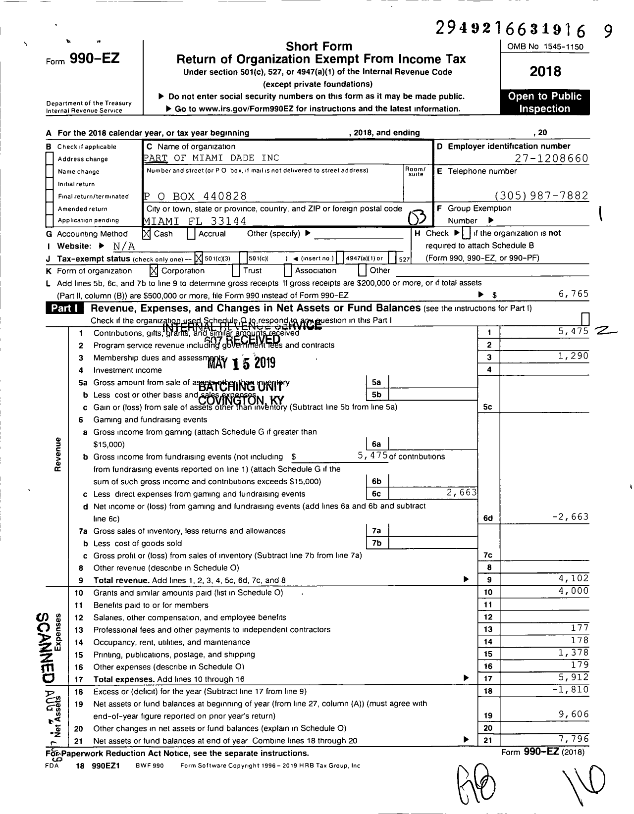 Image of first page of 2018 Form 990EZ for Part of Miami Dade