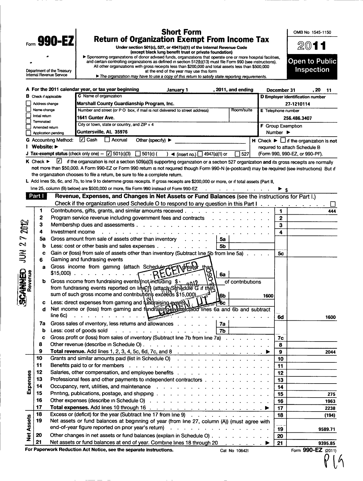 Image of first page of 2011 Form 990EZ for Marshall County Guardianship Program