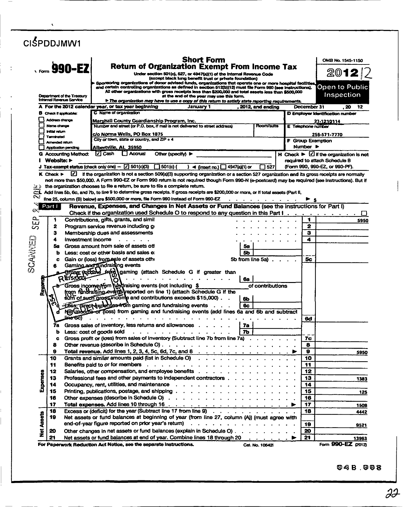 Image of first page of 2012 Form 990EZ for Marshall County Guardianship Program