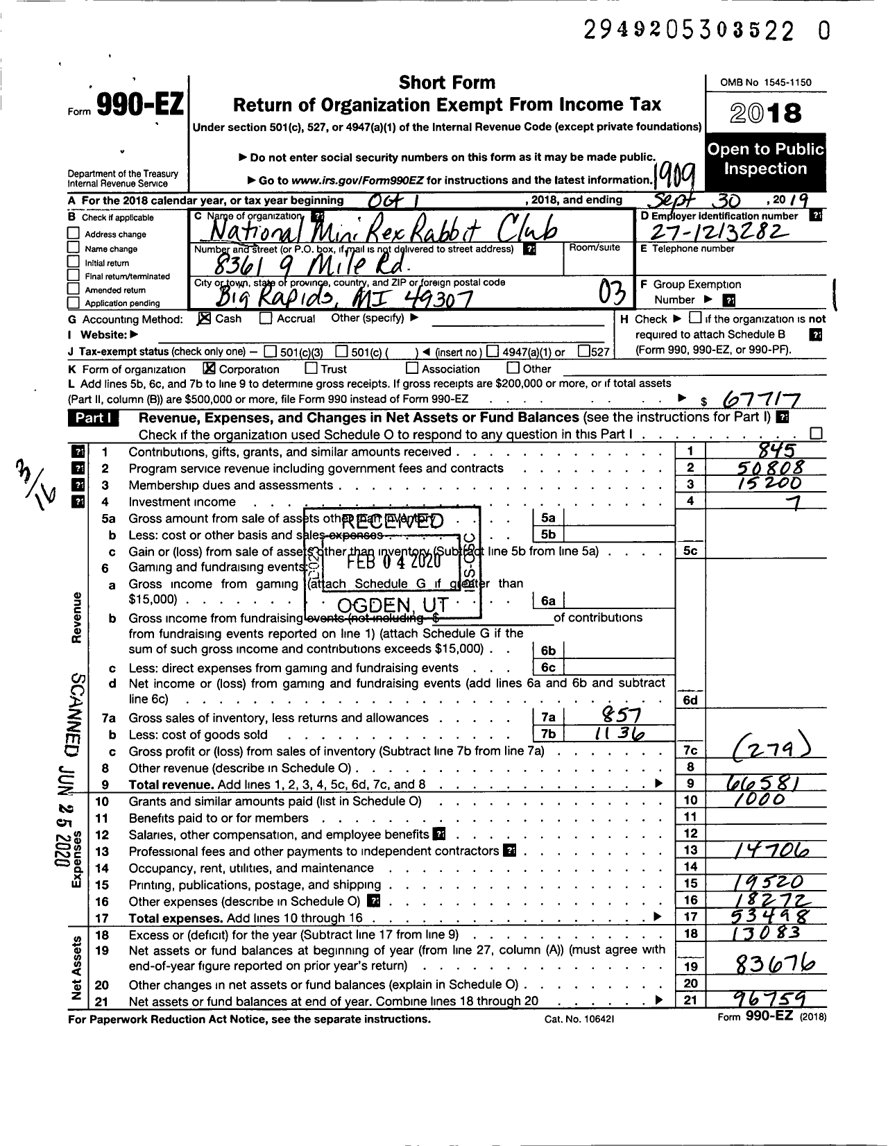 Image of first page of 2018 Form 990EZ for National Mini Rex Rabbit Club