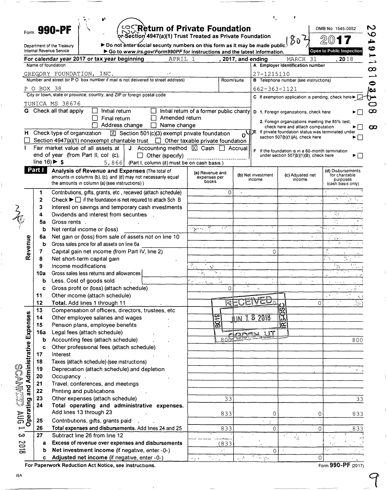 Image of first page of 2017 Form 990PF for Gregory Foundation