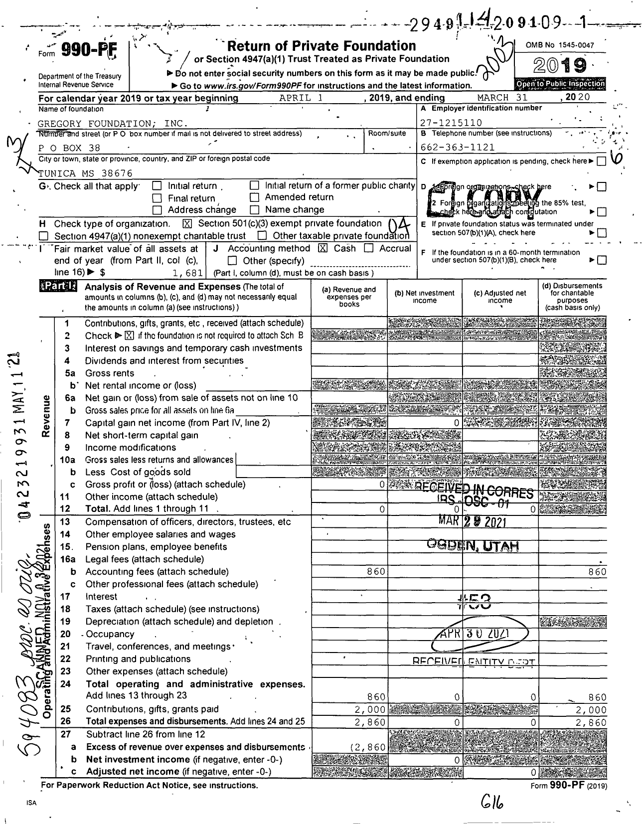 Image of first page of 2019 Form 990PF for Gregory Foundation