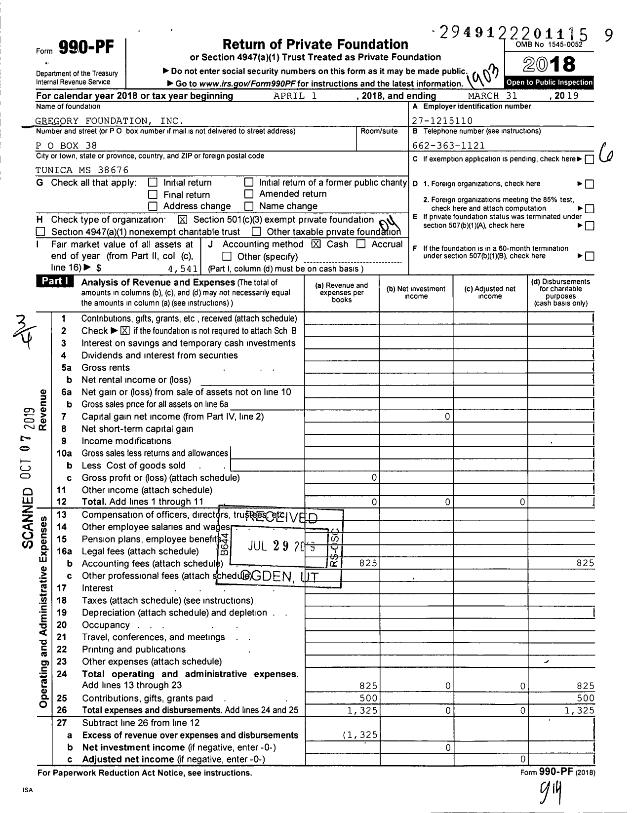 Image of first page of 2018 Form 990PF for Gregory Foundation