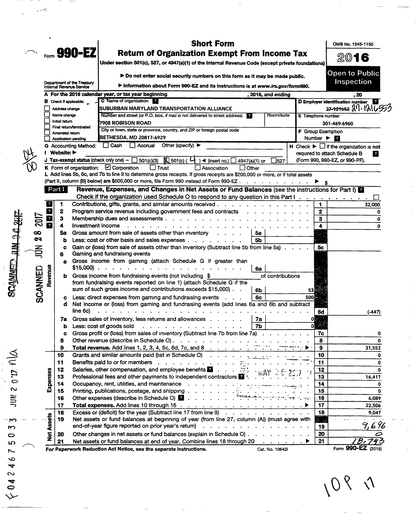 Image of first page of 2016 Form 990EO for Suburban Maryland Transportation Alliance