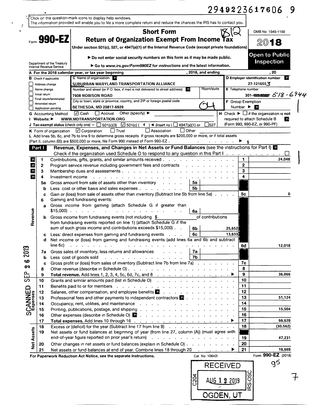 Image of first page of 2018 Form 990EO for Suburban Maryland Transportation Alliance