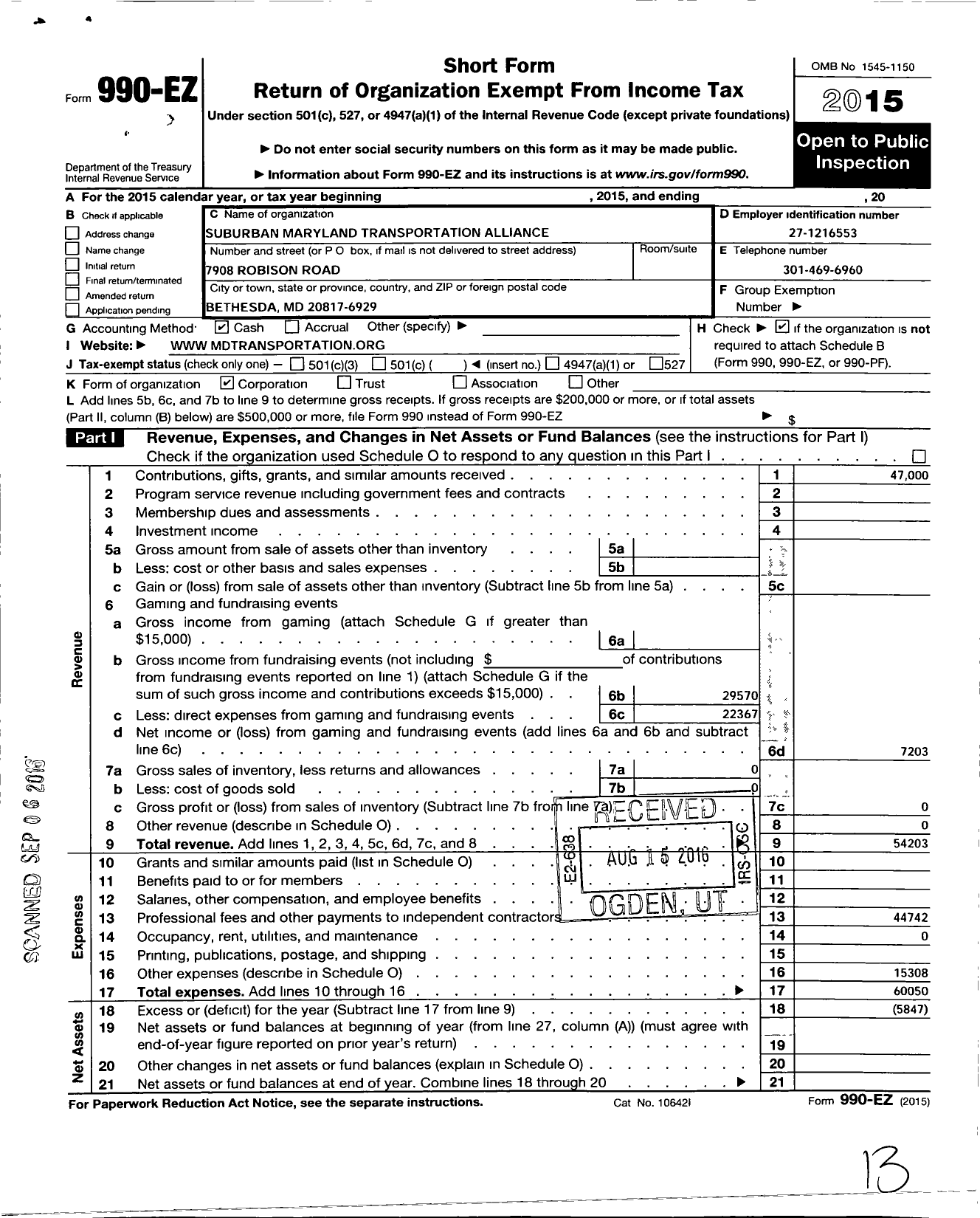 Image of first page of 2015 Form 990EO for Suburban Maryland Transportation Alliance