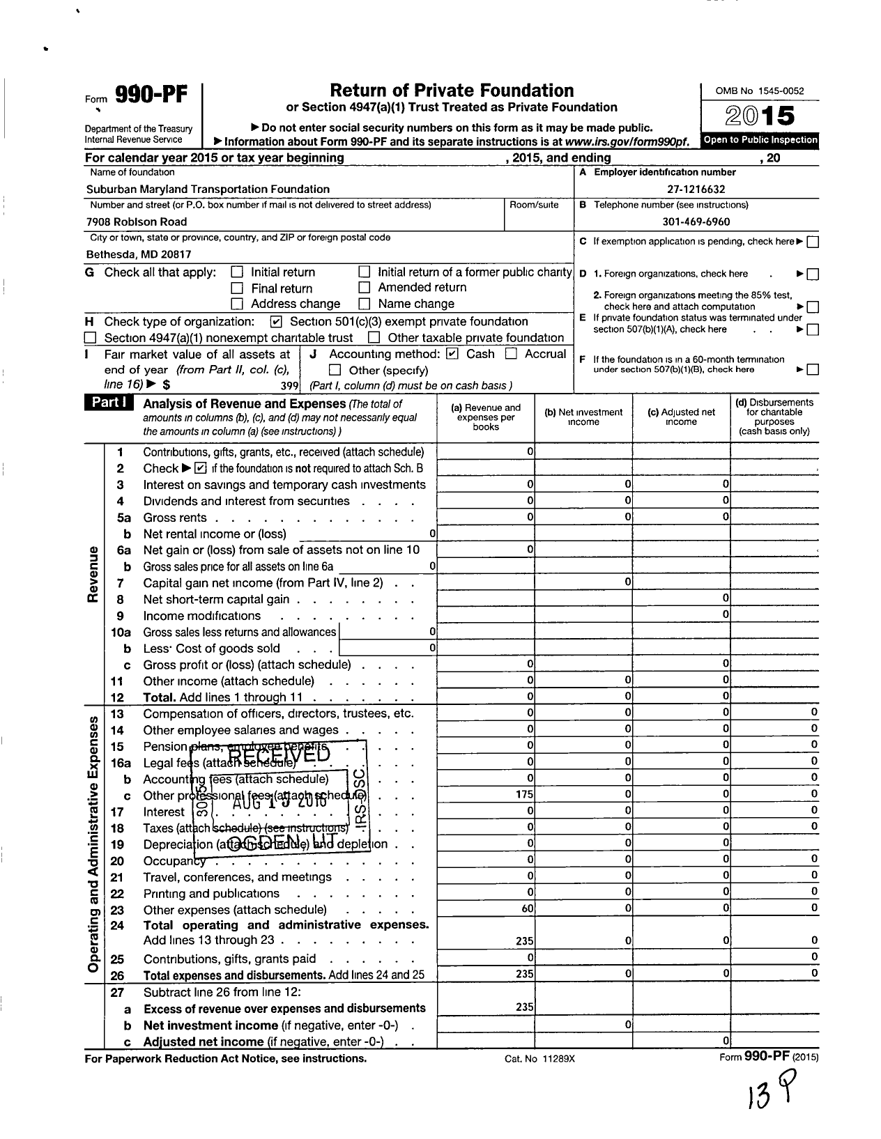 Image of first page of 2015 Form 990PF for Suburban Maryland Transportation Foundation