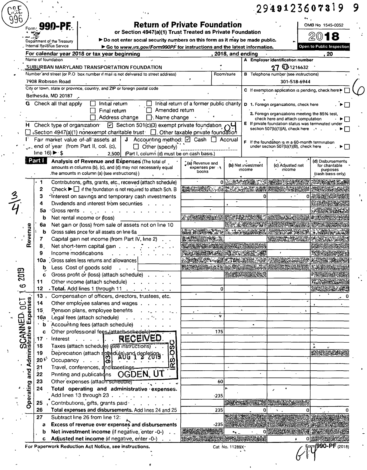 Image of first page of 2018 Form 990PF for Suburban Maryland Transportation Foundation