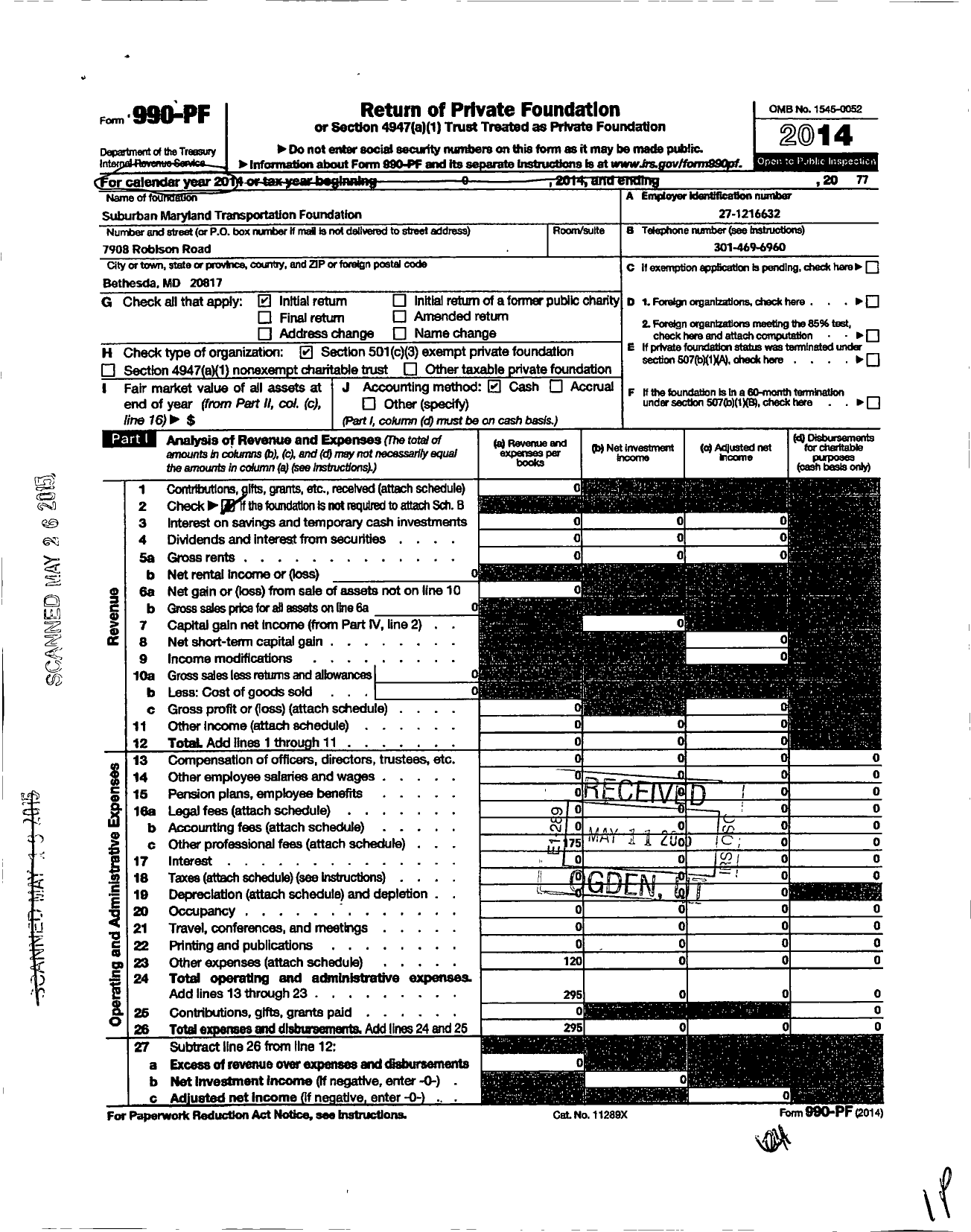 Image of first page of 2014 Form 990PF for Suburban Maryland Transportation Foundation