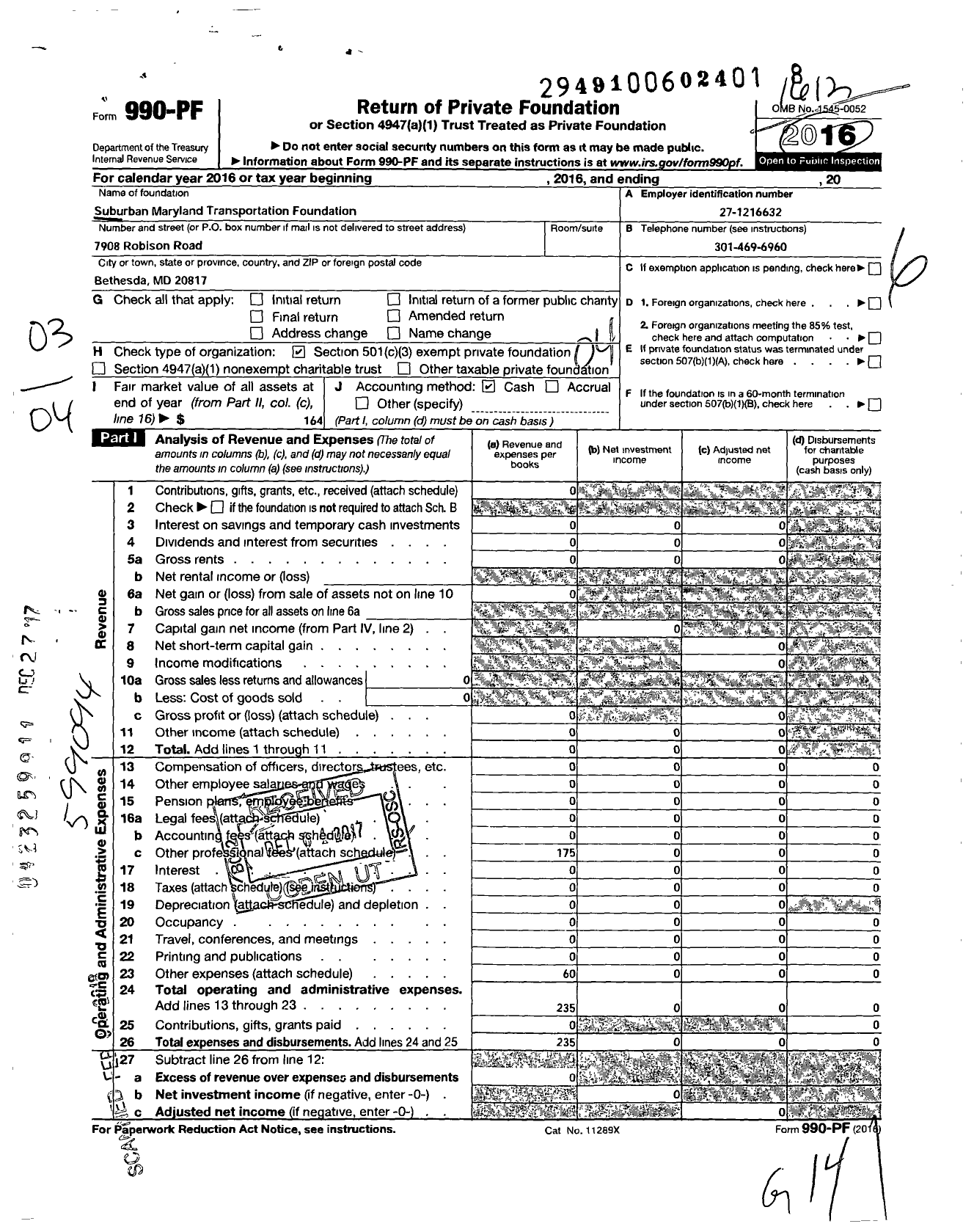 Image of first page of 2016 Form 990PF for Suburban Maryland Transportation Foundation