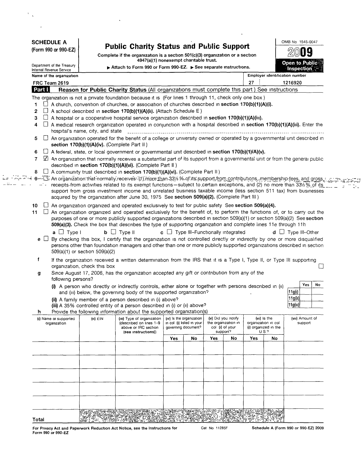 Image of first page of 2009 Form 990ER for FRC Team 2619