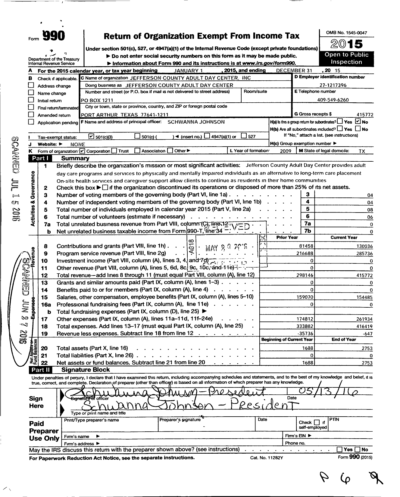 Image of first page of 2015 Form 990 for Jefferson County Adult Day Center Incorporated