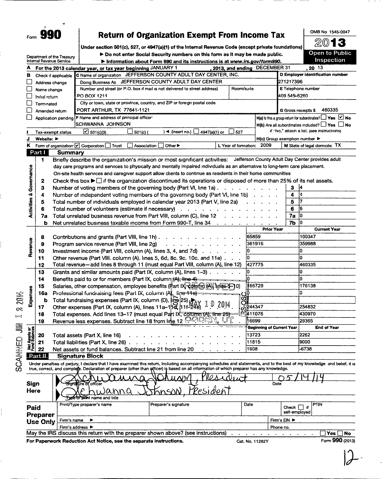 Image of first page of 2013 Form 990 for Jefferson County Adult Day Center Incorporated