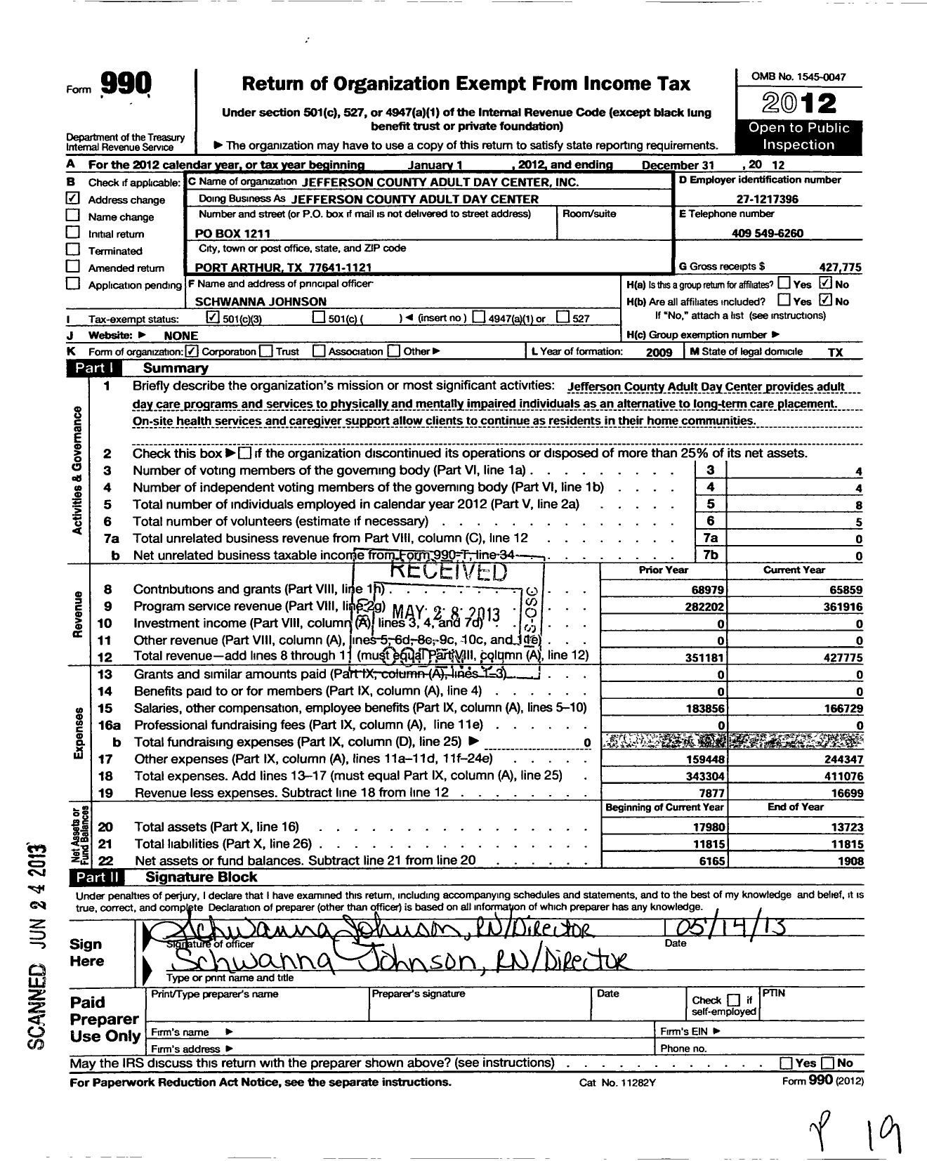Image of first page of 2012 Form 990 for Jefferson County Adult Day Center Incorporated