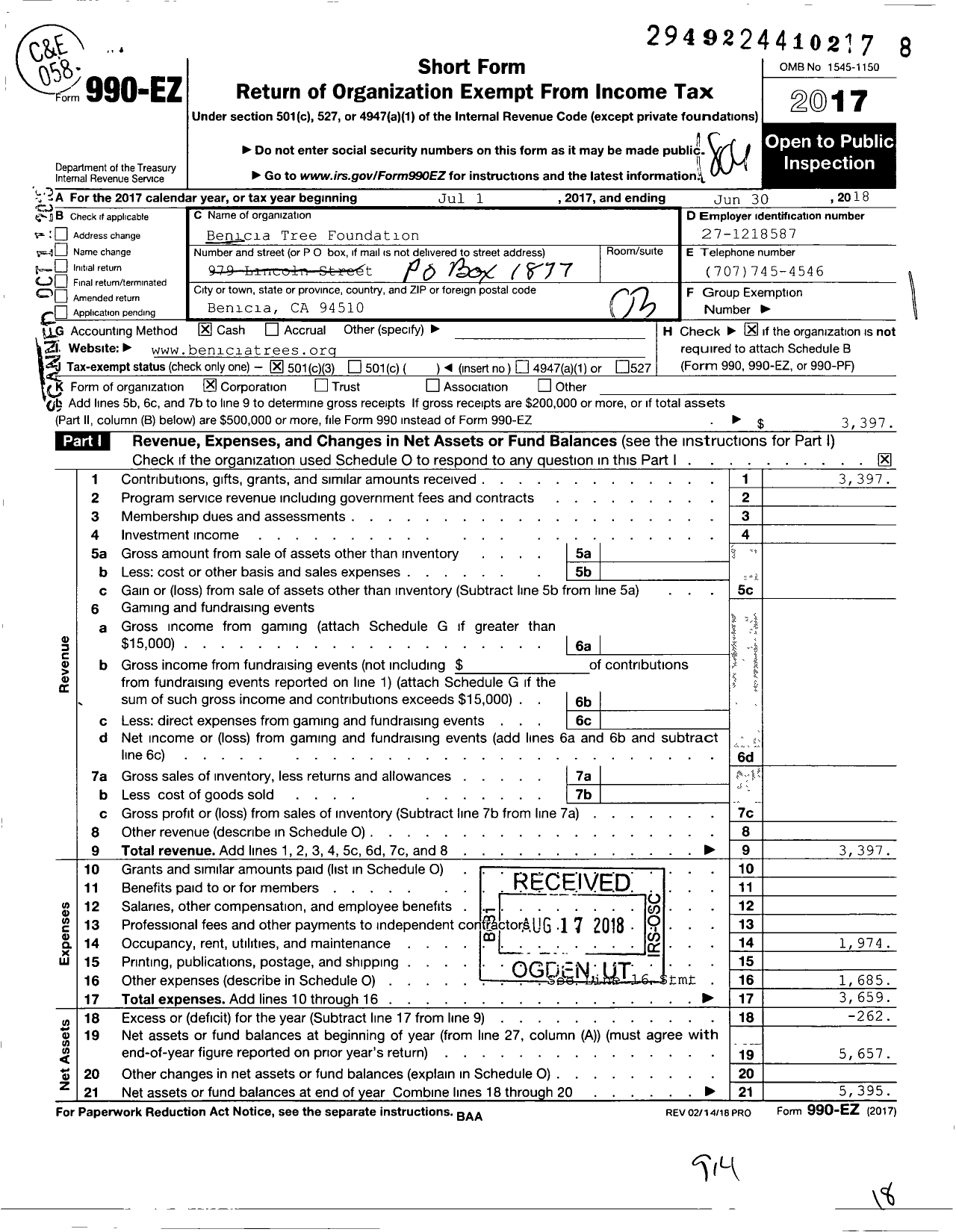 Image of first page of 2017 Form 990EZ for Benicia Tree Foundation