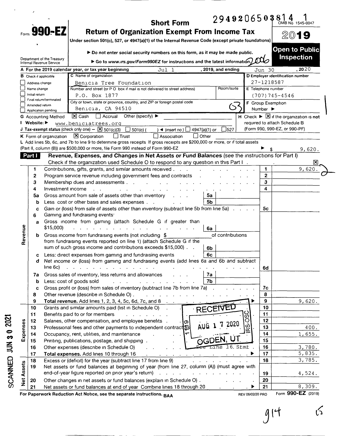 Image of first page of 2019 Form 990EZ for Benicia Tree Foundation
