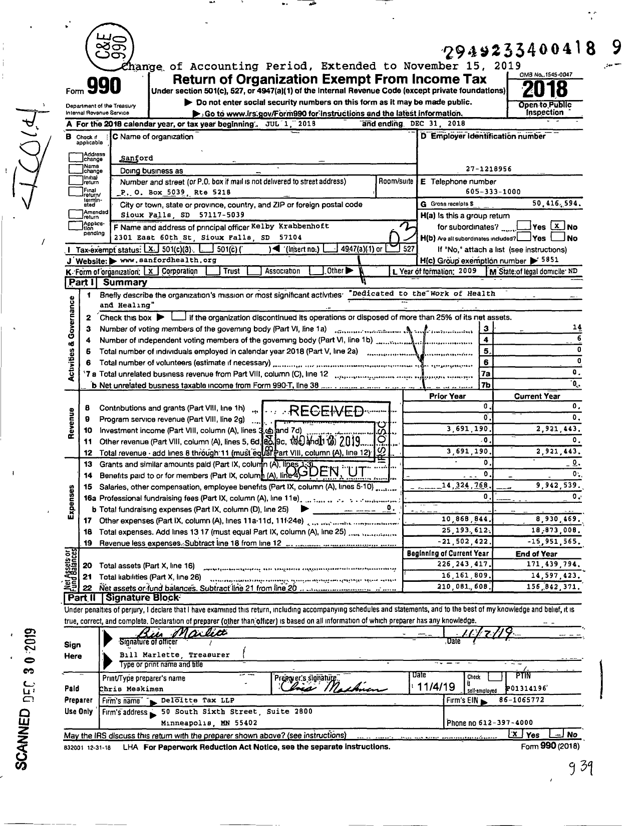 Image of first page of 2018 Form 990 for Sanford Health