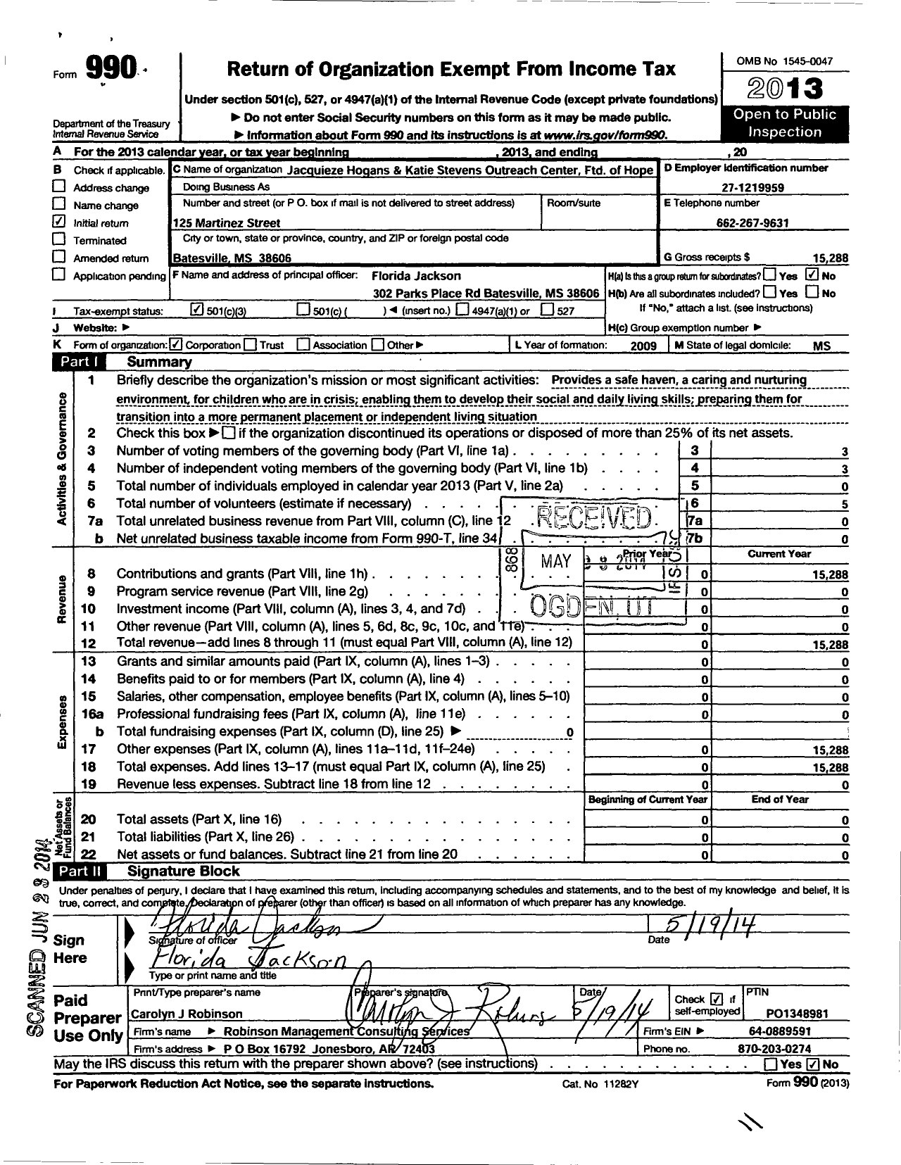 Image of first page of 2013 Form 990 for Jaquieze Hogans and Katie Stevens Outreach Center Foundation of Hope