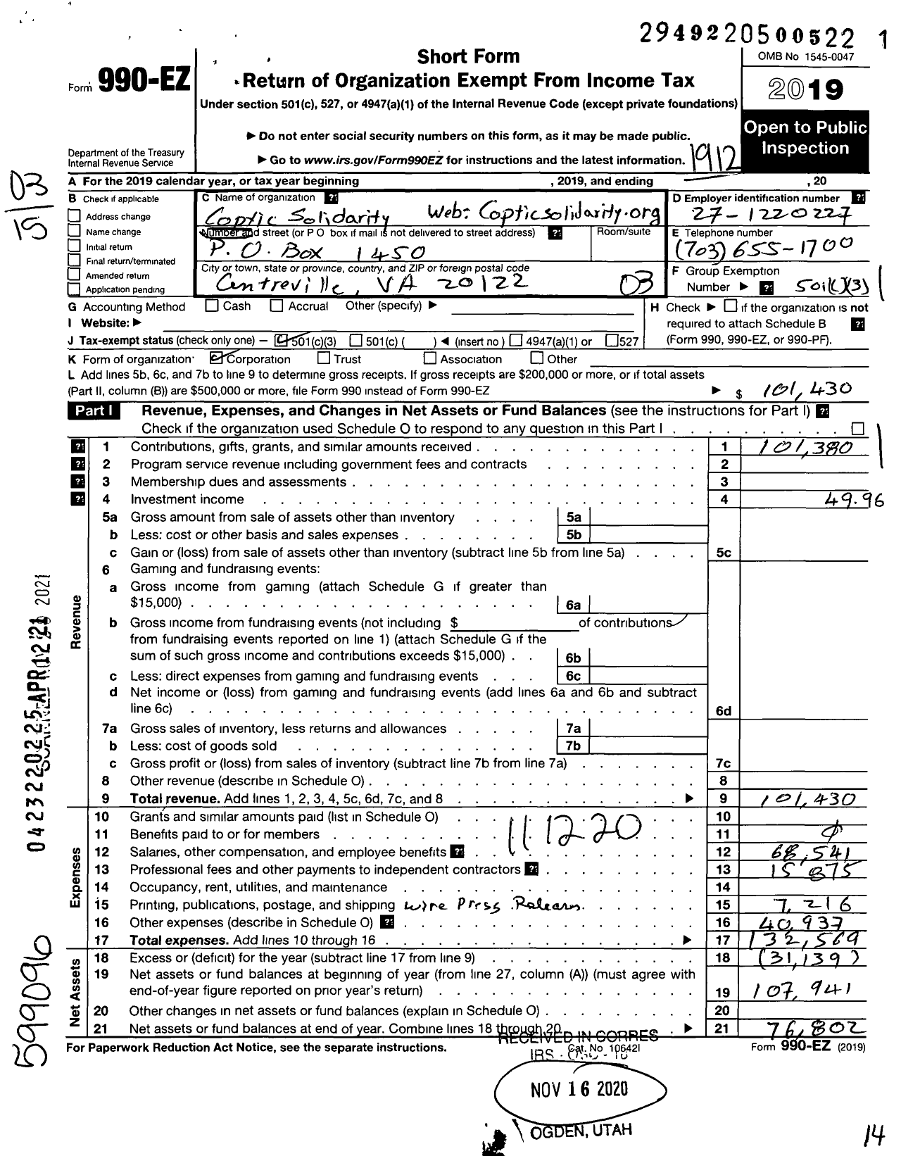 Image of first page of 2019 Form 990EZ for Coptic Solidarity