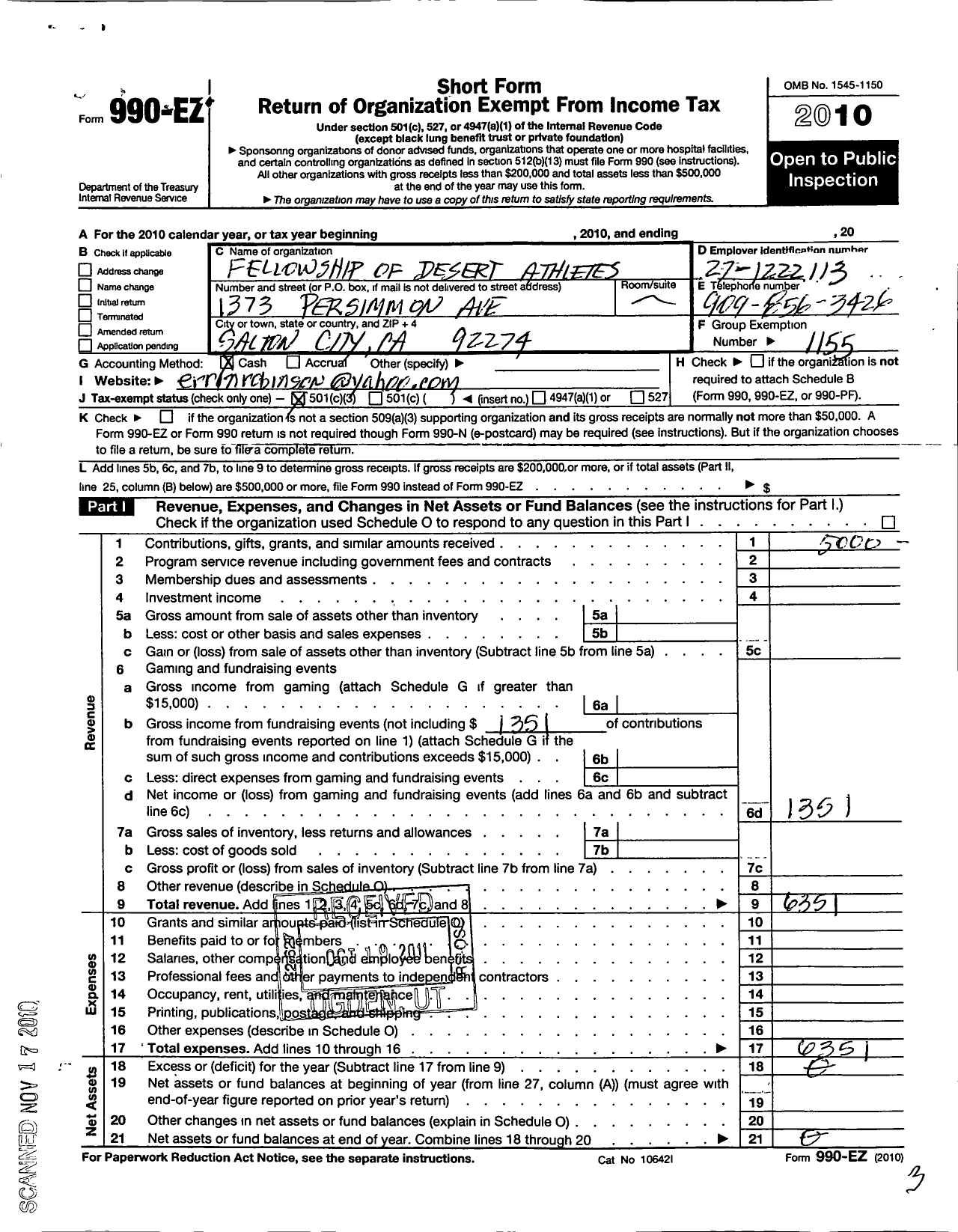 Image of first page of 2010 Form 990EZ for Amateur Athletic Union - Fellowship of Desert Athletes