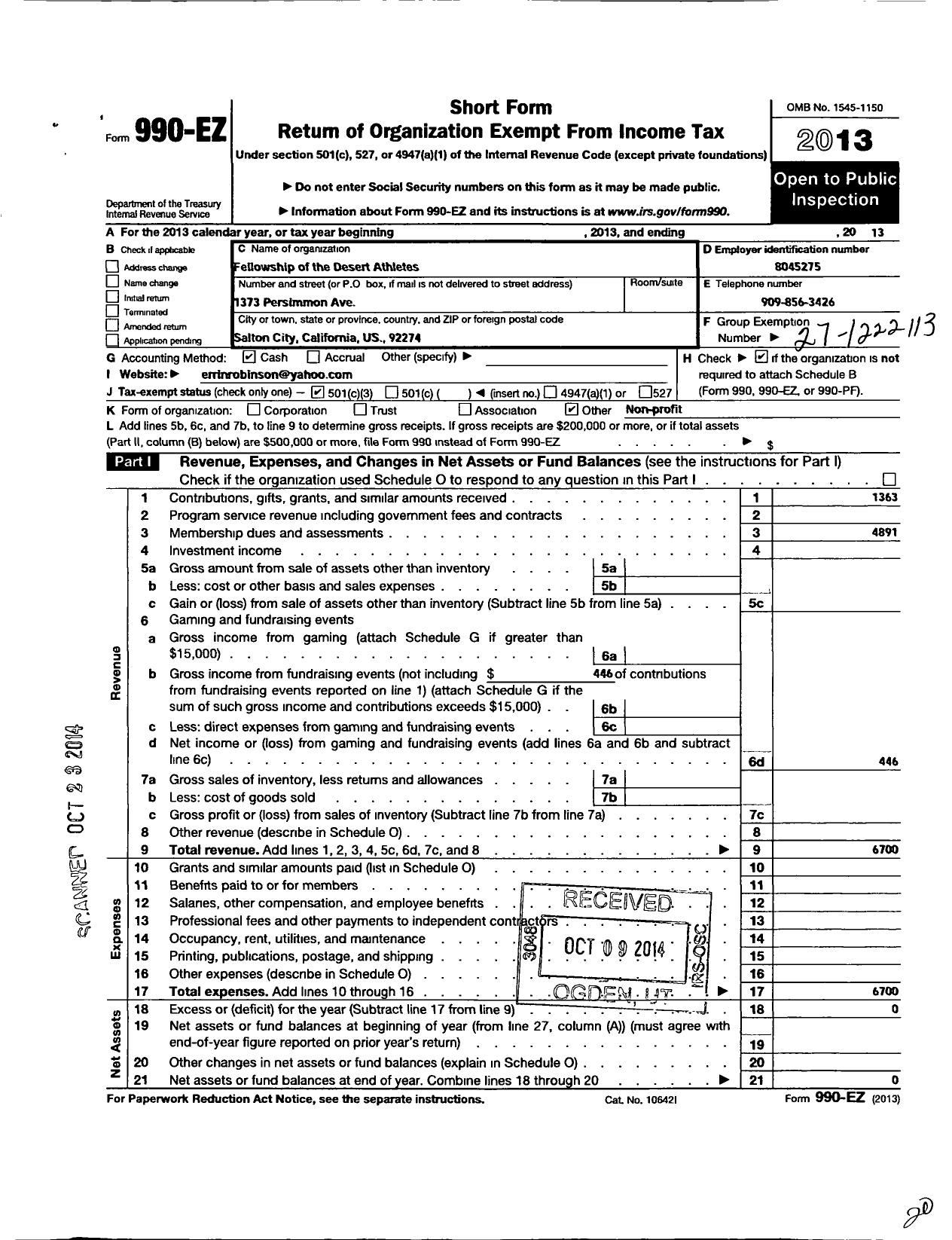 Image of first page of 2013 Form 990EZ for Amateur Athletic Union - Fellowship of Desert Athletes