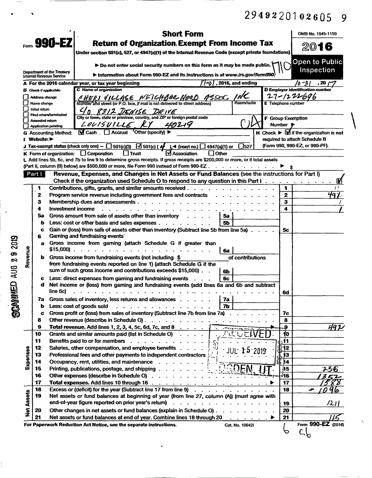 Image of first page of 2016 Form 990EO for Cheri Village Neighborhood Association