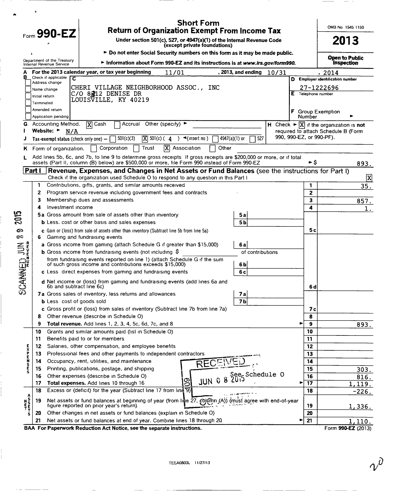 Image of first page of 2013 Form 990EO for Cheri Village Neighborhood Association