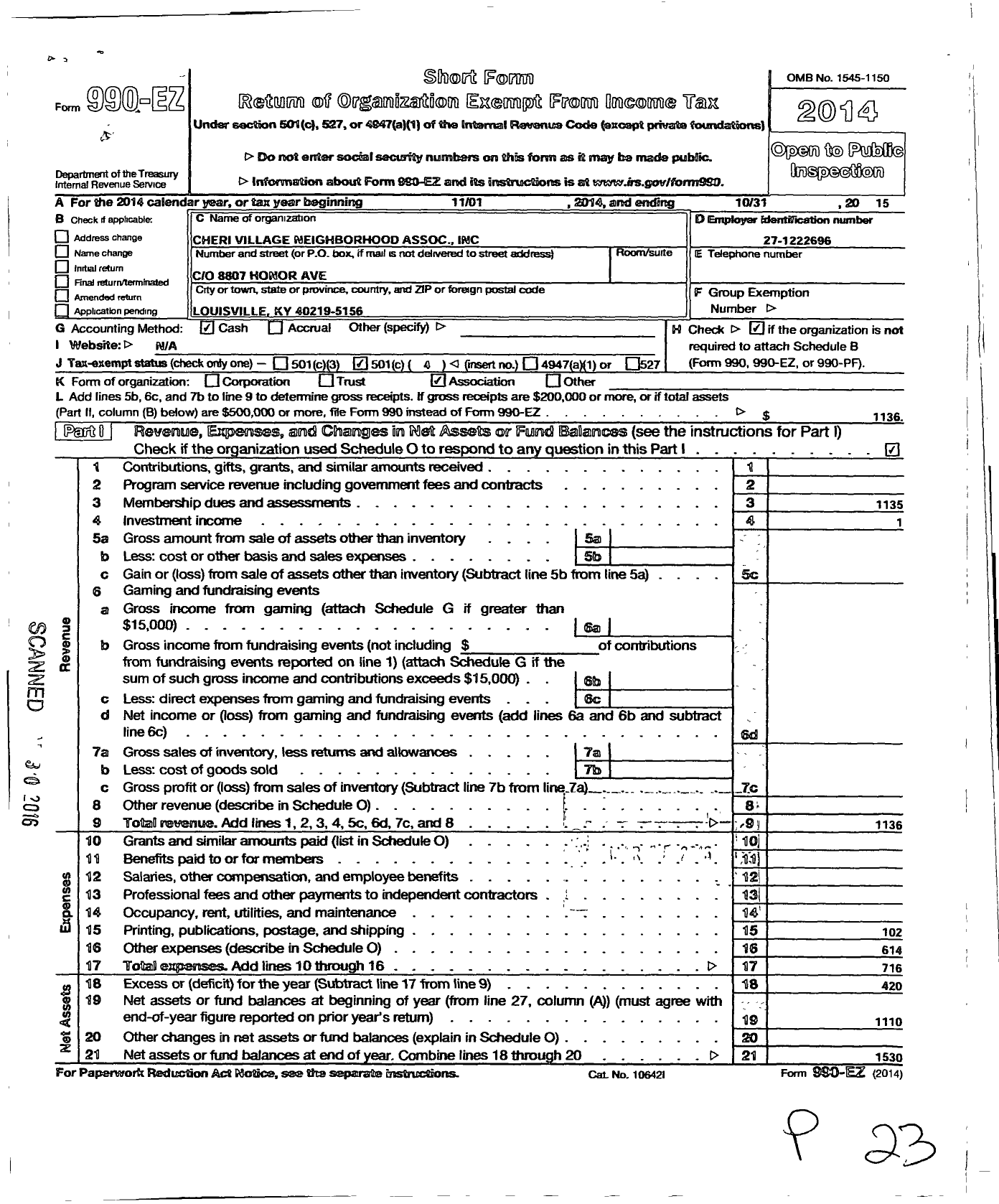 Image of first page of 2014 Form 990EO for Cheri Village Neighborhood Association