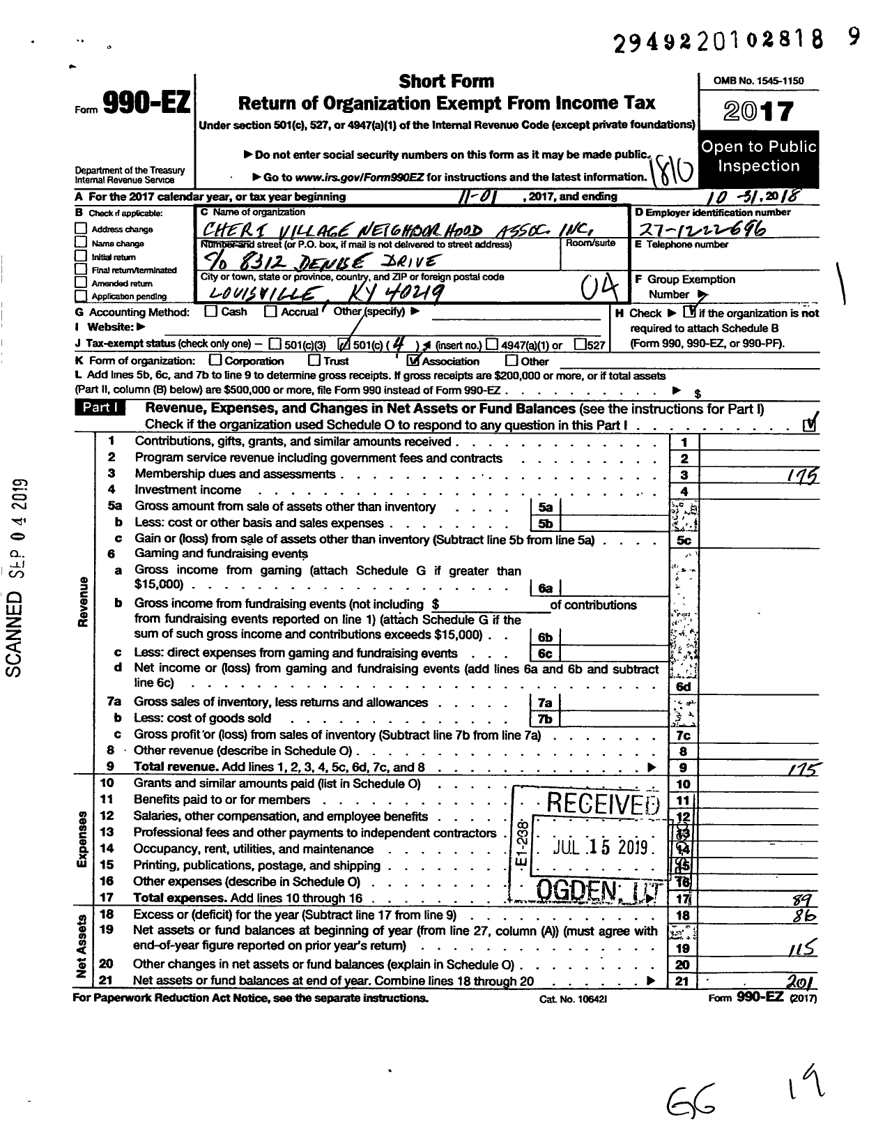 Image of first page of 2017 Form 990EO for Cheri Village Neighborhood Association