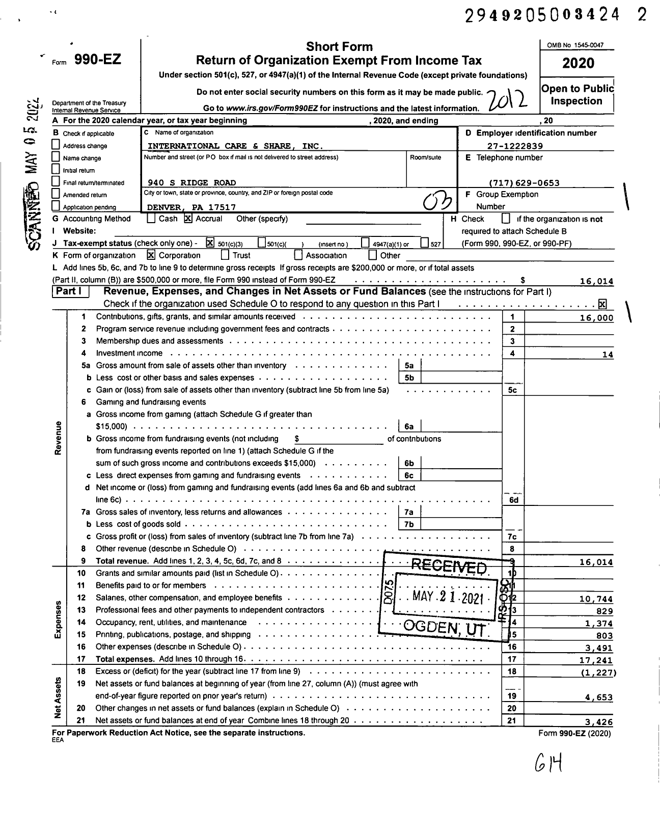 Image of first page of 2020 Form 990EZ for International Care and Share