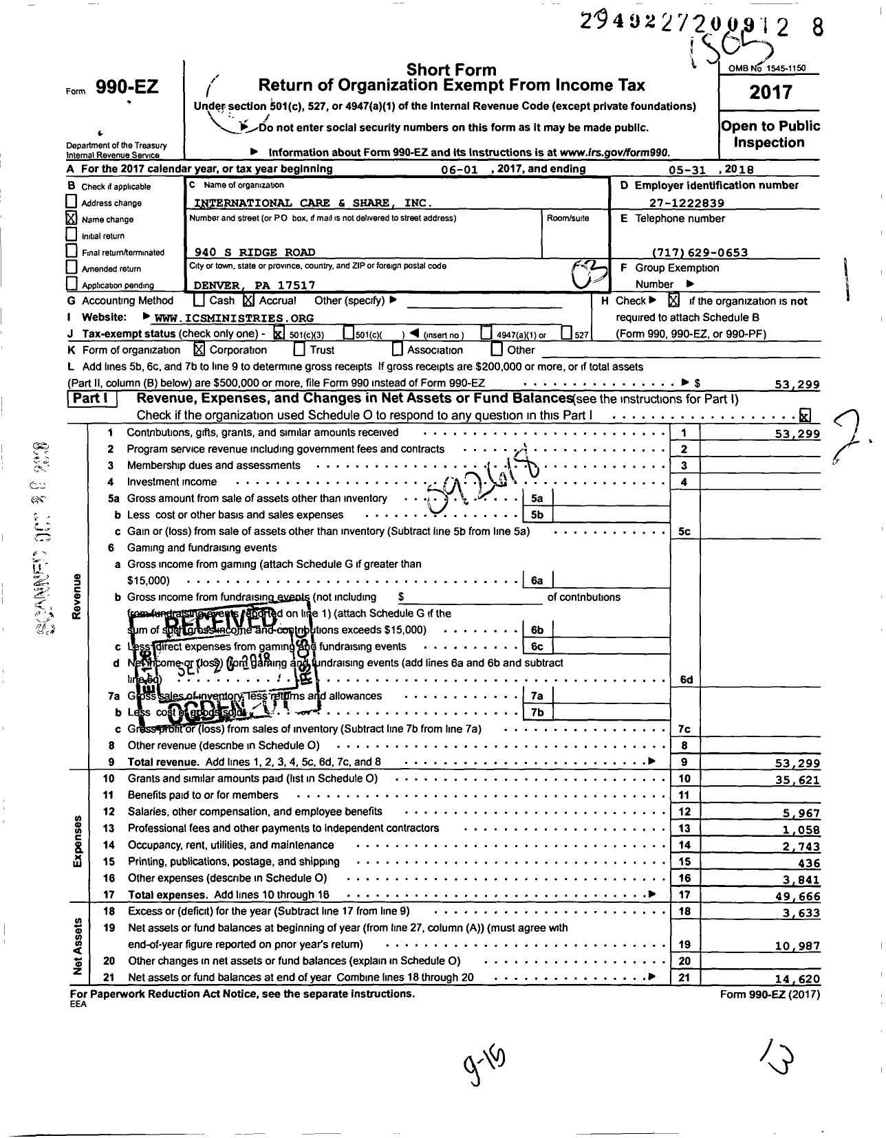 Image of first page of 2017 Form 990EZ for International Care and Share