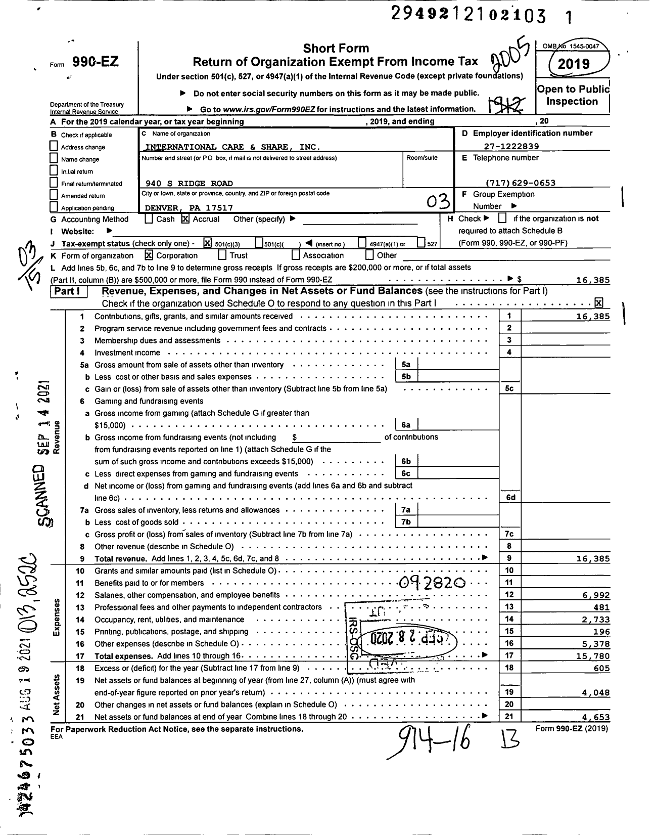 Image of first page of 2019 Form 990EZ for International Care and Share