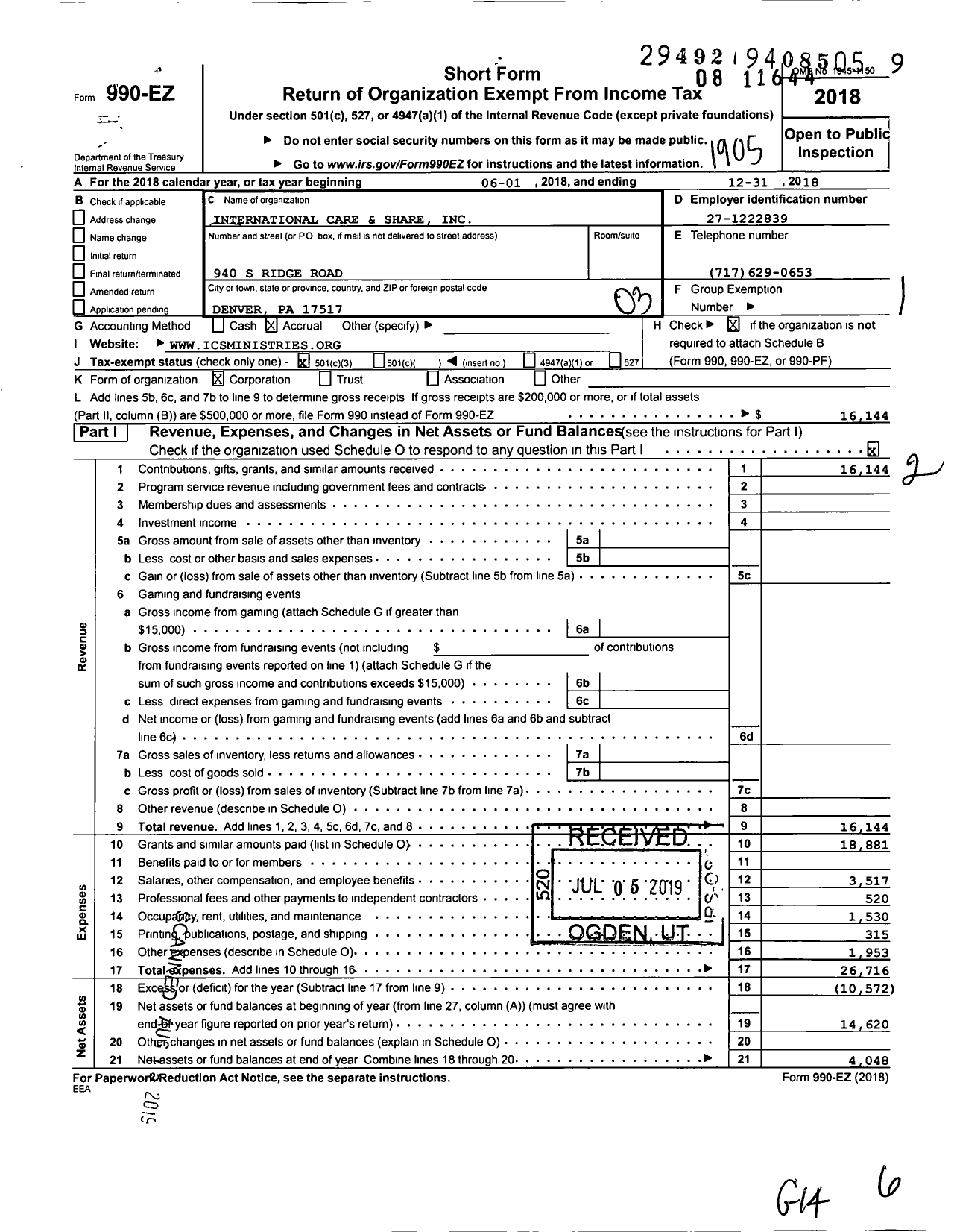 Image of first page of 2018 Form 990EZ for International Care and Share