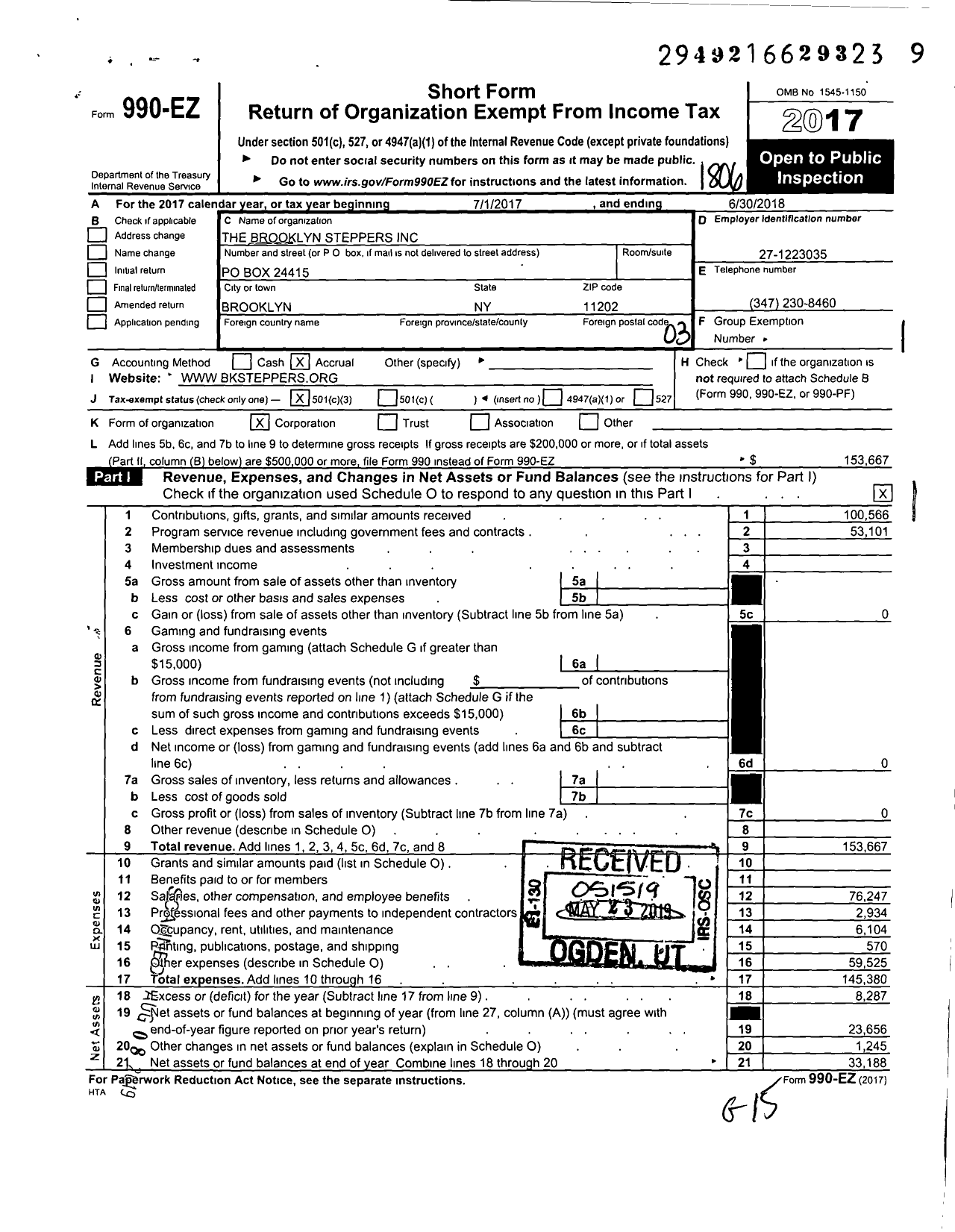 Image of first page of 2017 Form 990EZ for The Brooklyn Steppers